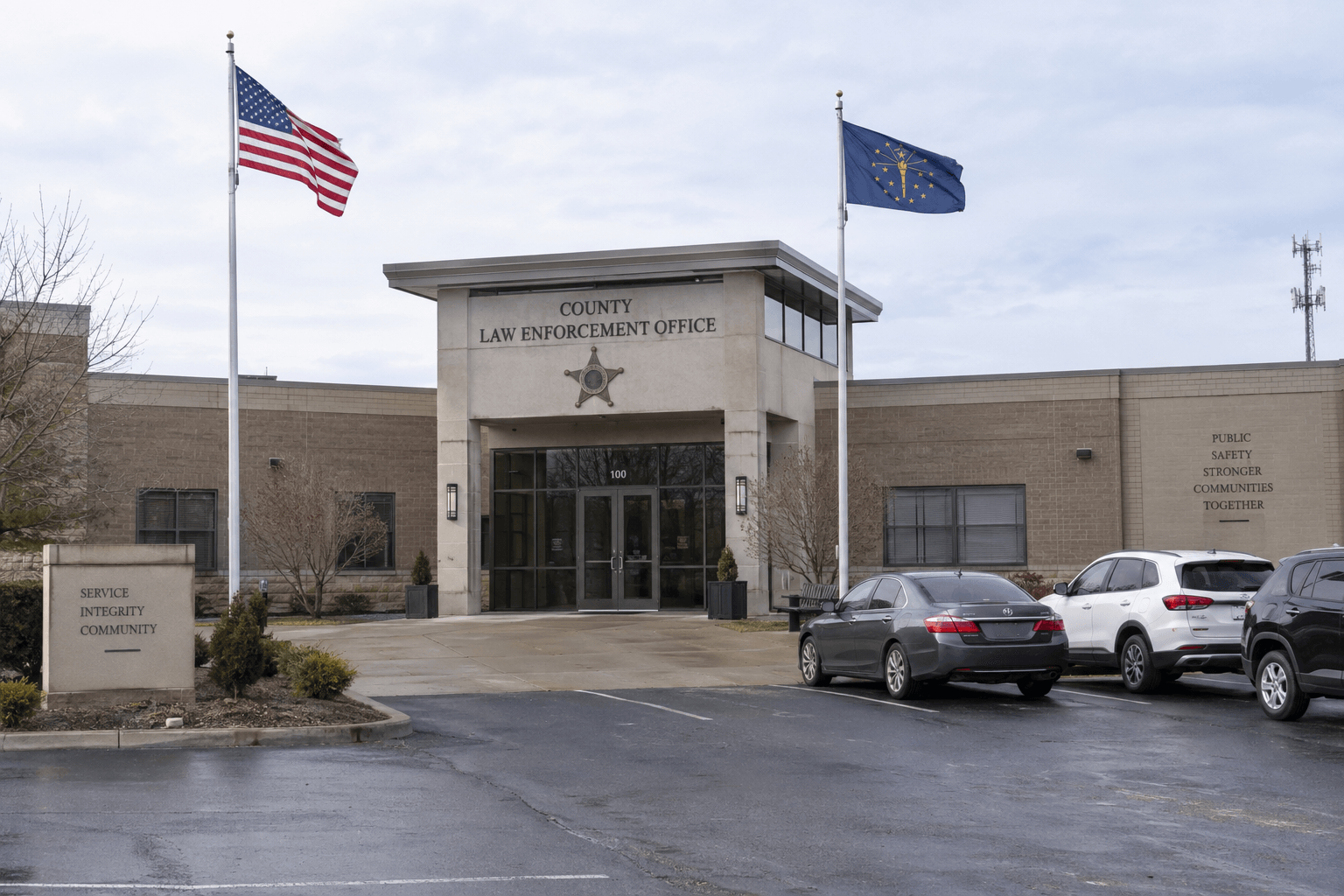 County law-enforcement office exterior representing the ongoing investigation of the Haubstadt rollover crash.