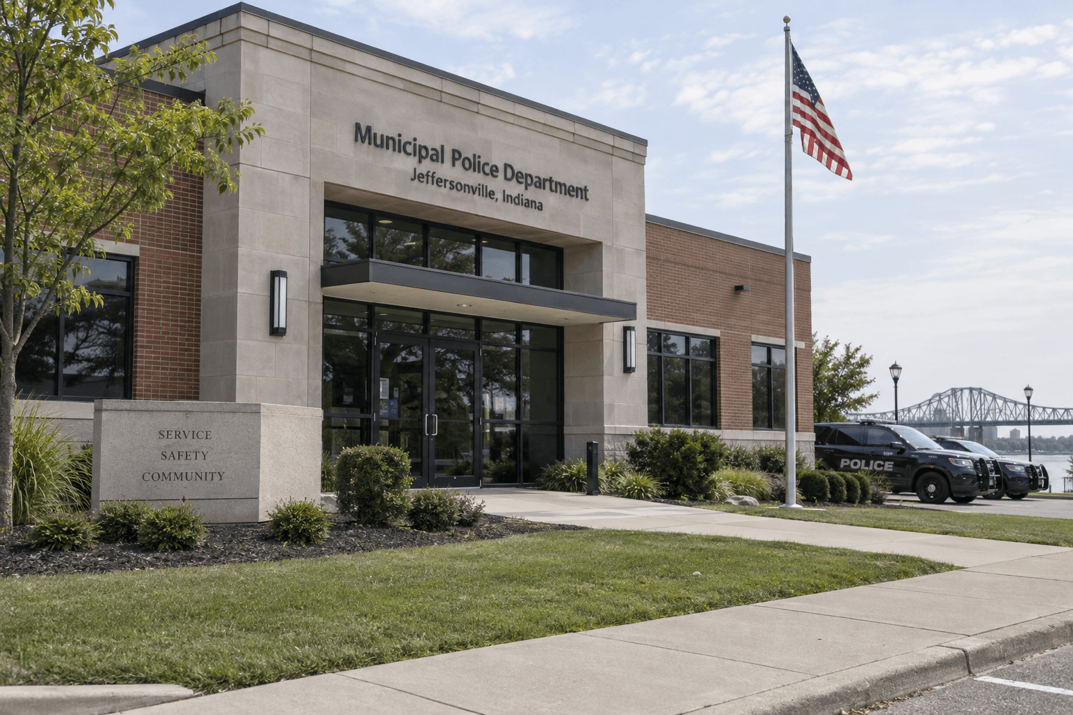 Police department exterior in Jeffersonville, relevant to the investigation and crash-report request after the Utica Pike e-bike collision.