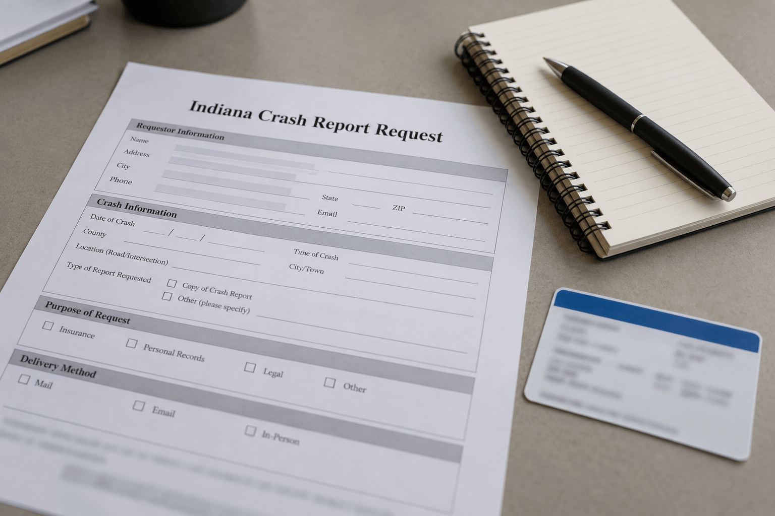 Crash-report and insurance paperwork illustrating records to preserve after a Kosciusko County collision.