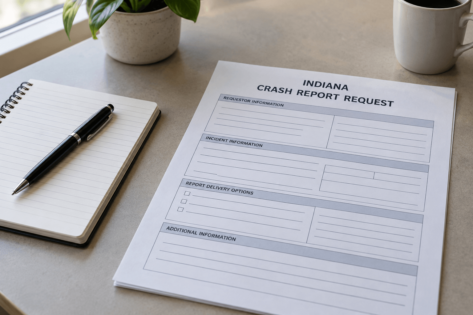 Generic crash-report paperwork and notes representing records that may matter after an Indiana rollover.