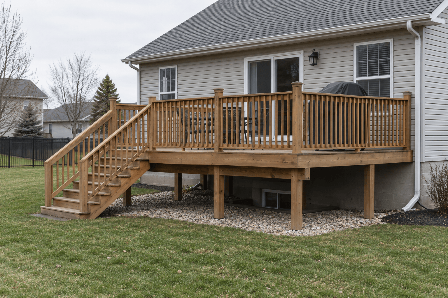 Generic residential deck in Indiana illustrating the type of structure involved in the Bloomington collapse report.