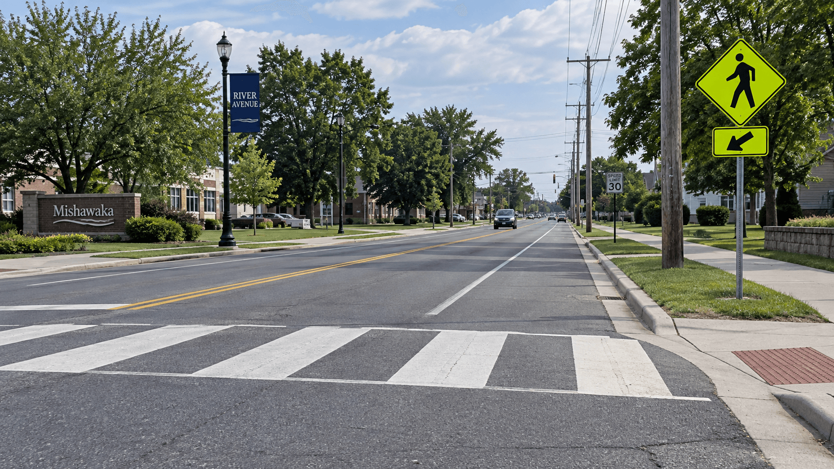 Pedestrian crossing setting along River Avenue in Mishawaka, where a woman was injured in a hit-and-run.