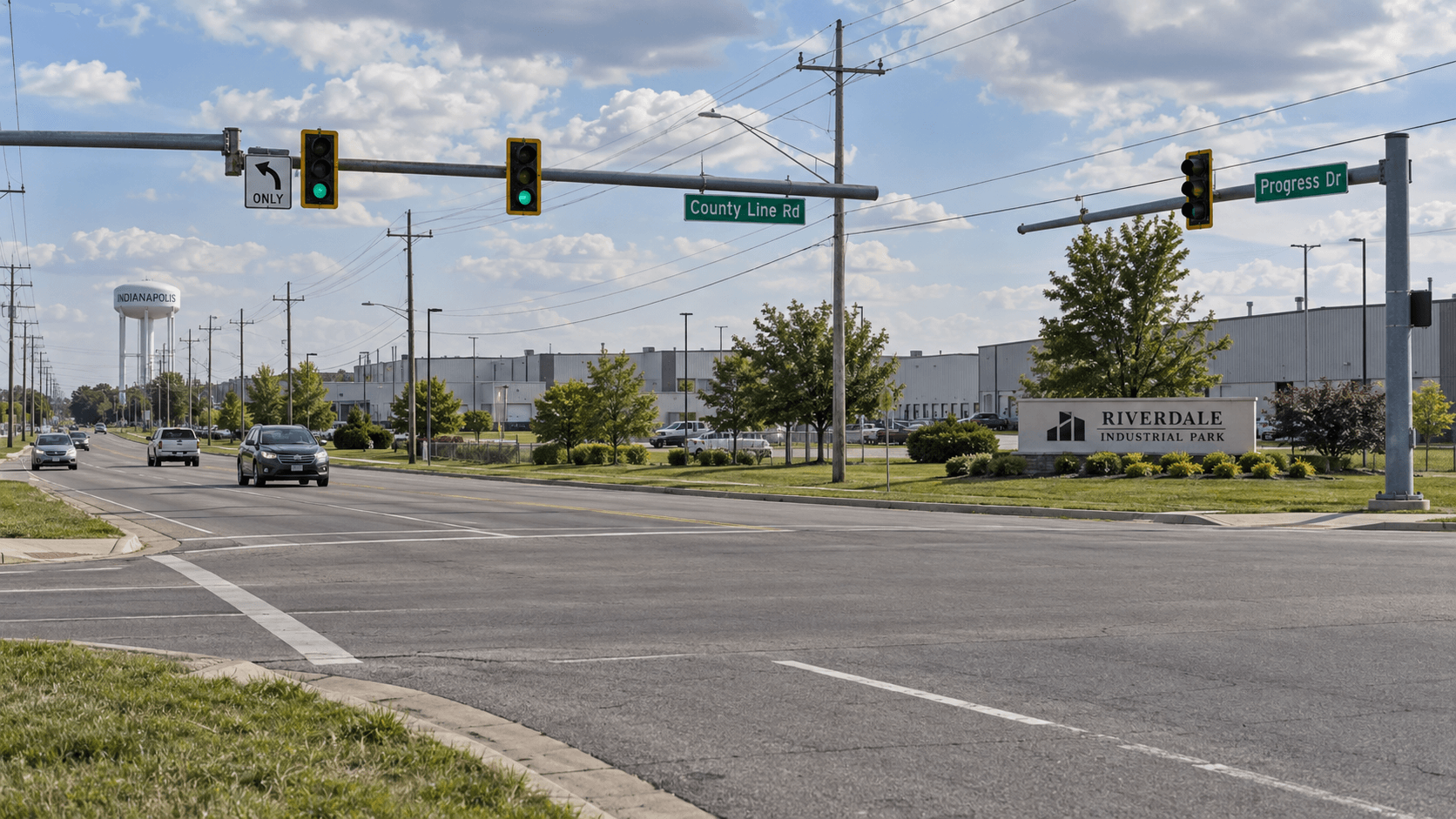 Roadside landscaping near an industrial-area intersection in Warsaw, Indiana, relevant to the reported single-vehicle crash.