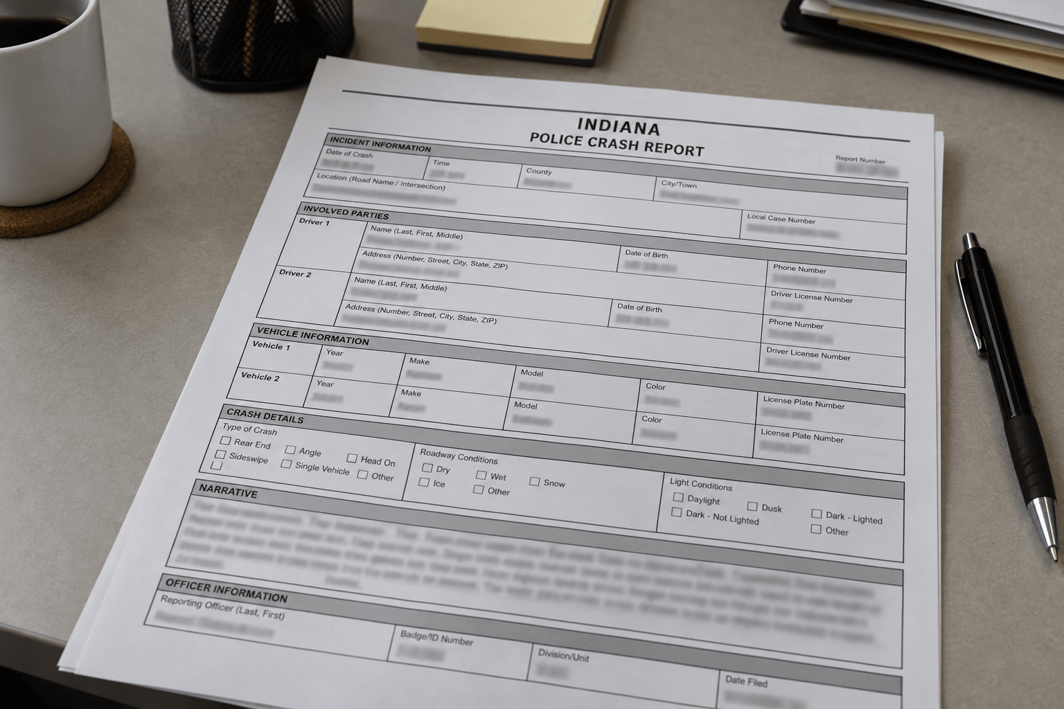 Generic crash-report paperwork representing the Warsaw Police Department report for the Kosciusko County incident.