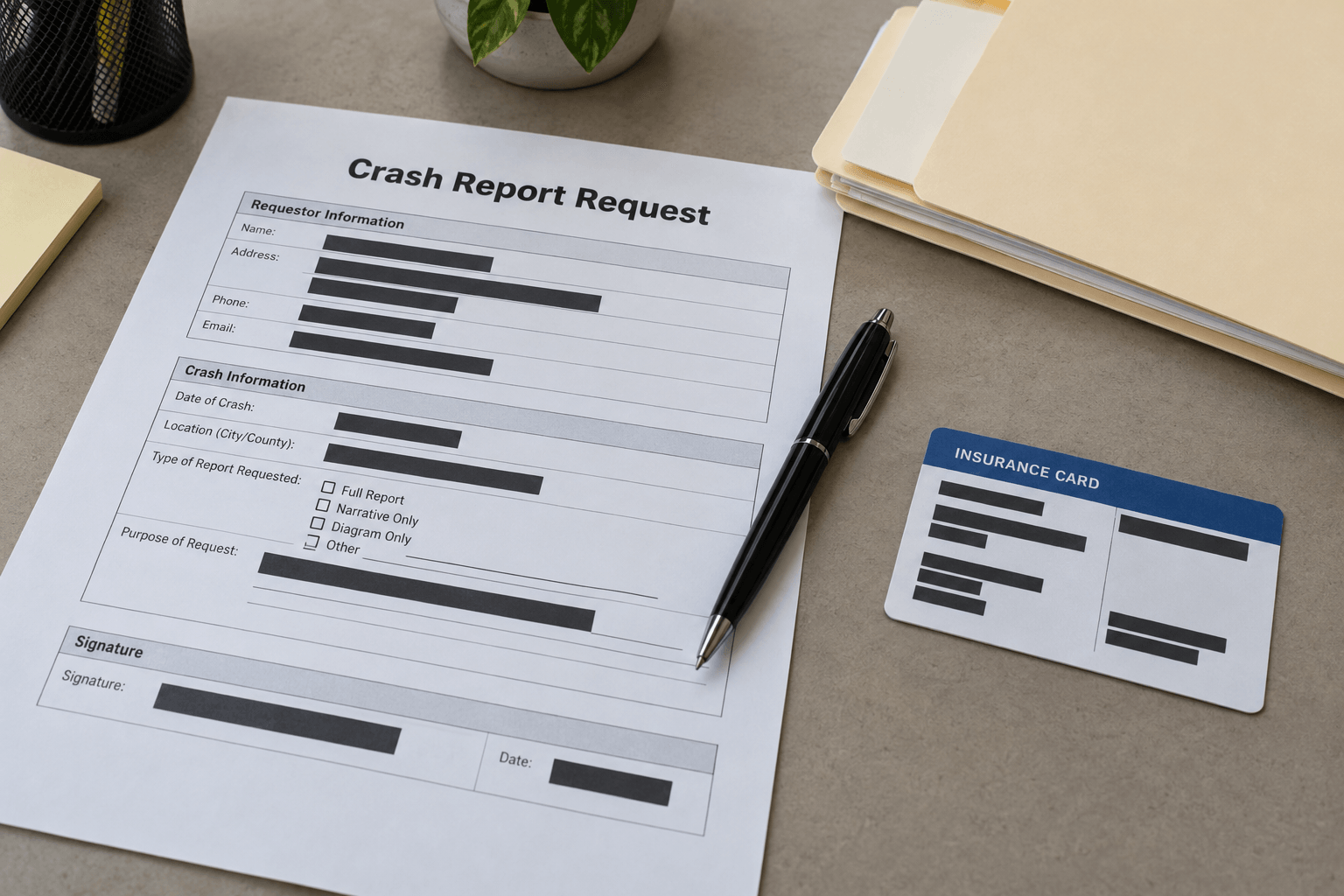 Crash report and insurance records illustrating documentation after a Kosciusko County collision.