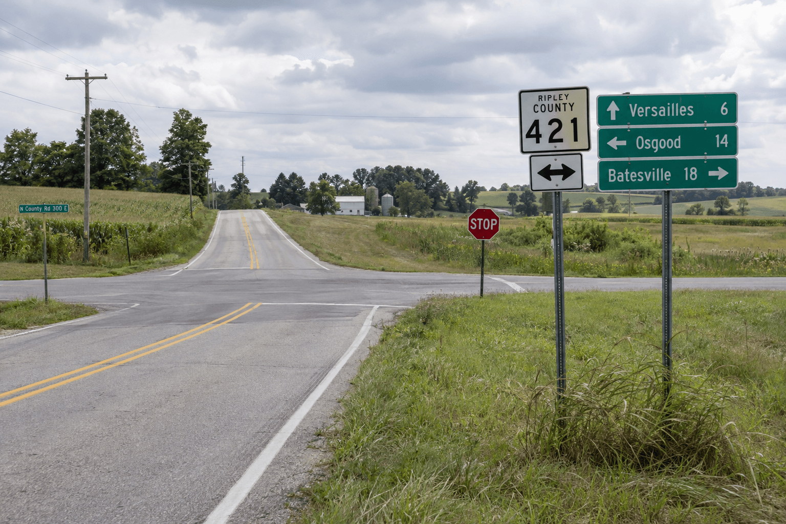 County road junction near Versailles in Ripley County, relevant to the reported U.S. 421 crash.