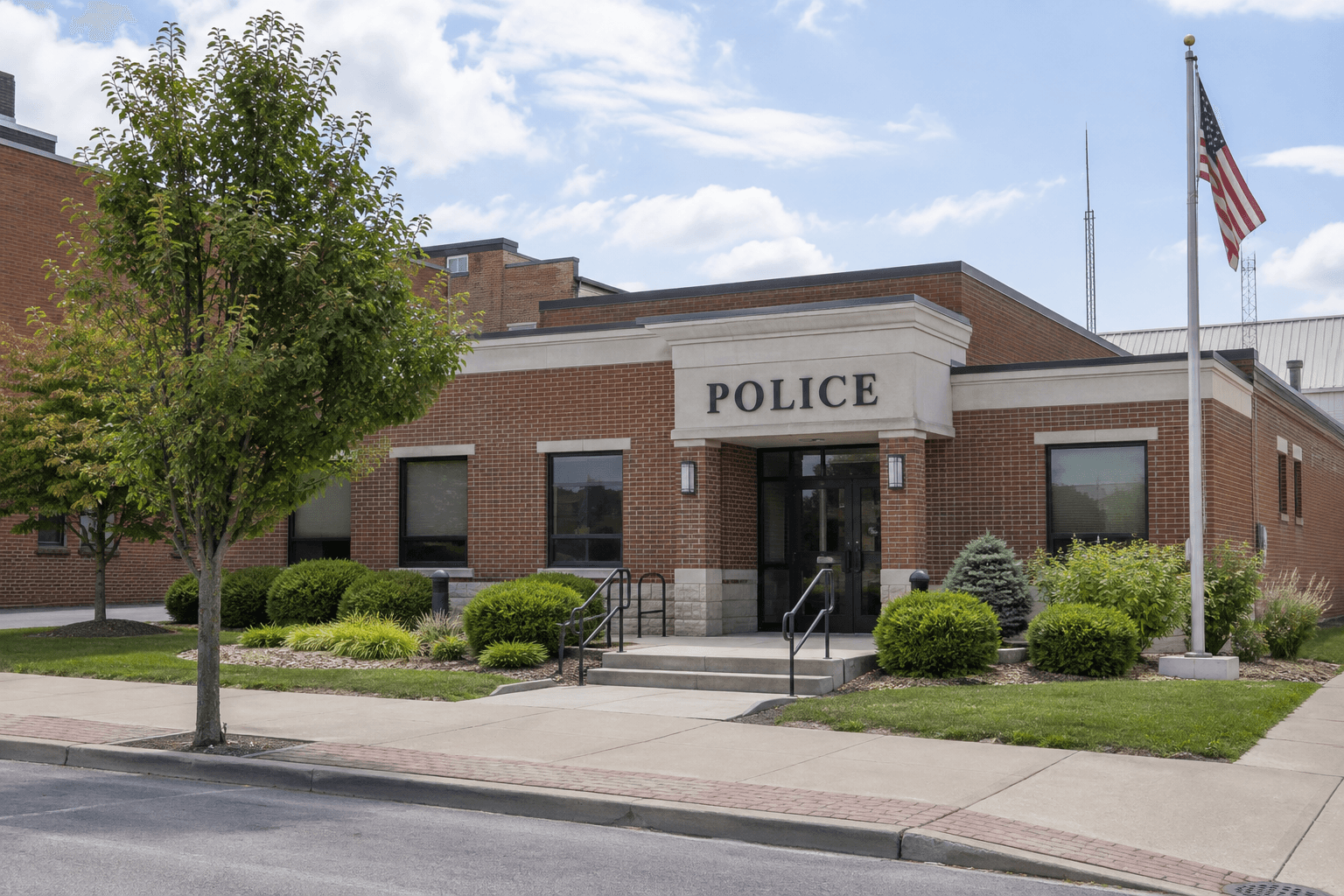 Local police station exterior in Greensburg, where police handled the reported dog-bite call.