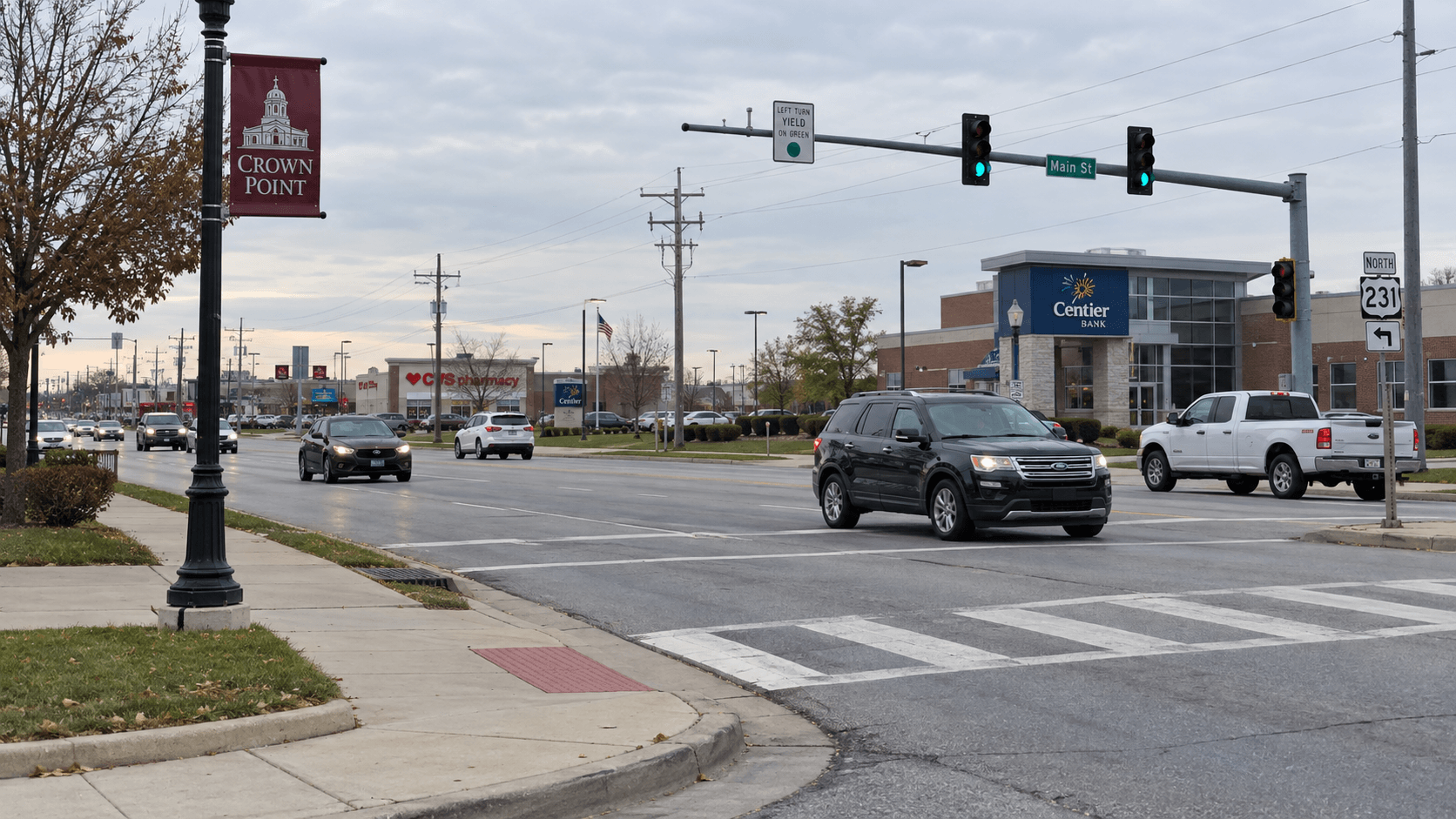Street and pedestrian infrastructure near an intersection in Crown Point, Indiana, where a serious pedestrian crash was reported.