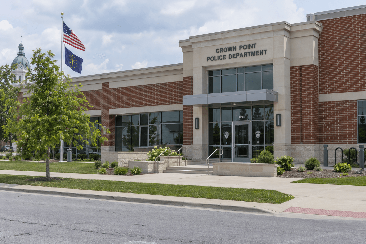 Municipal police building exterior representing the ongoing investigation into the Crown Point pedestrian crash.