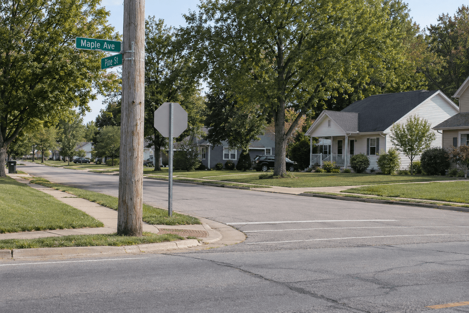 A suburban Noblesville intersection with a utility pole, providing context for the motorcycle crash investigation on 141st Street.