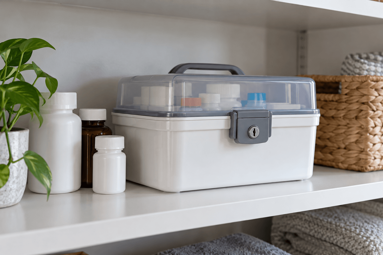 Closed child-resistant medicine storage in a home, illustrating safe storage concerns raised by the Auburn 7-OH tablet case.