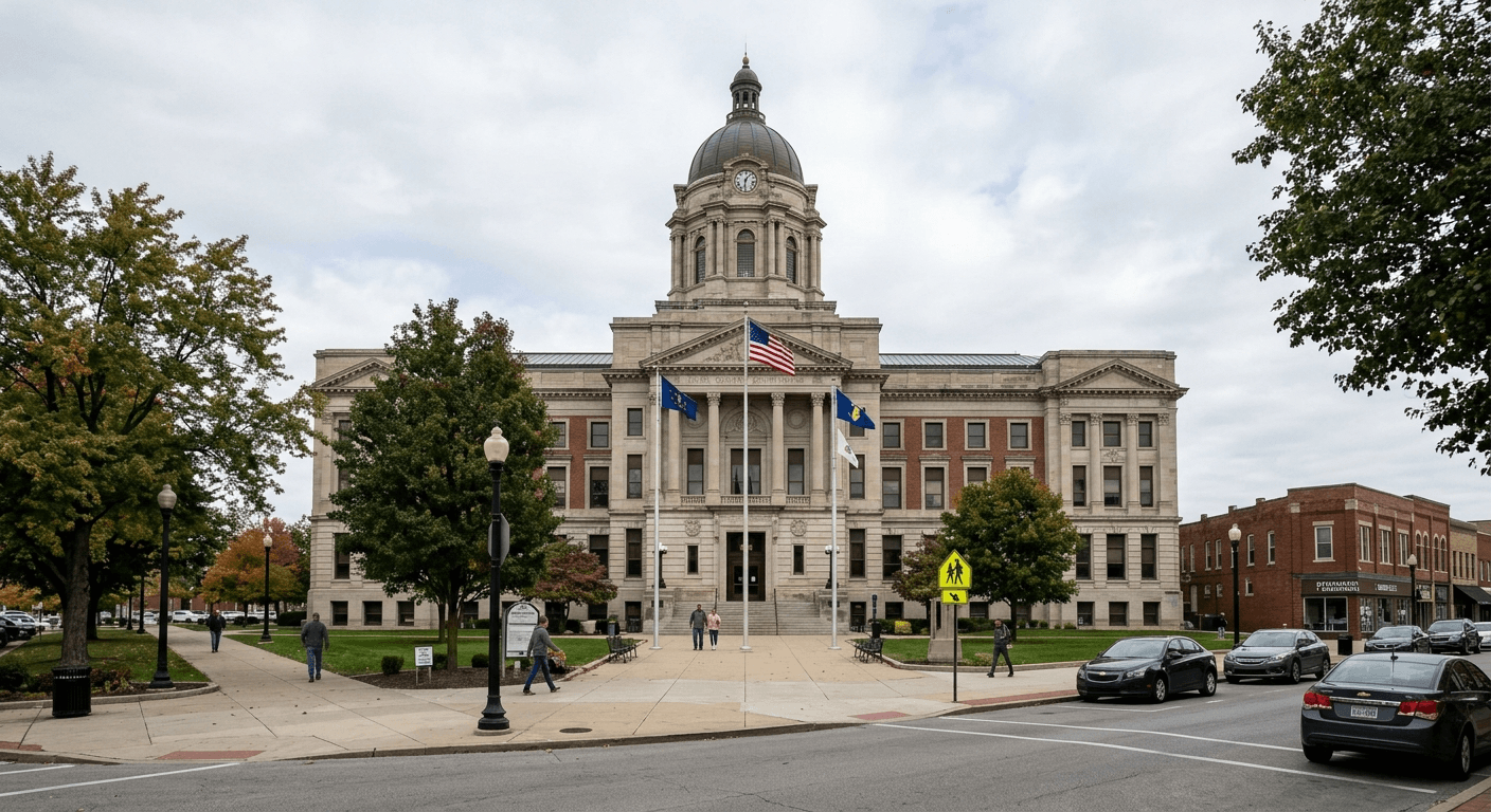Indiana county courthouse exterior illustrating legal and filing questions following the fatal Warrick County incident.