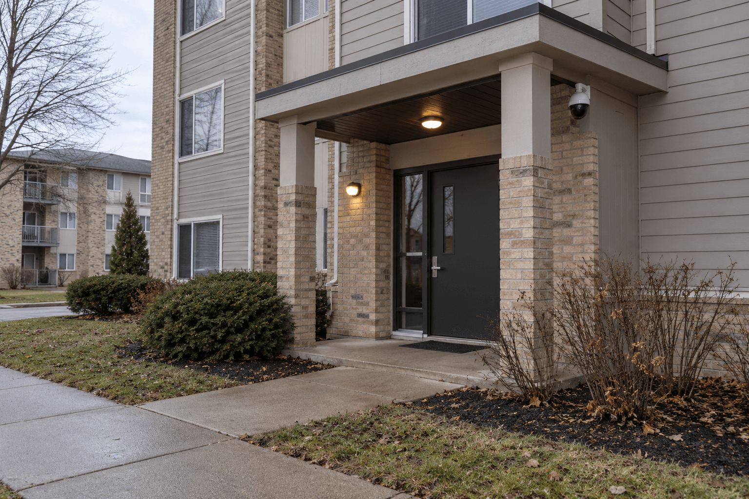 Apartment entrance lighting and security features in South Bend, relevant to questions about safety at rental properties.