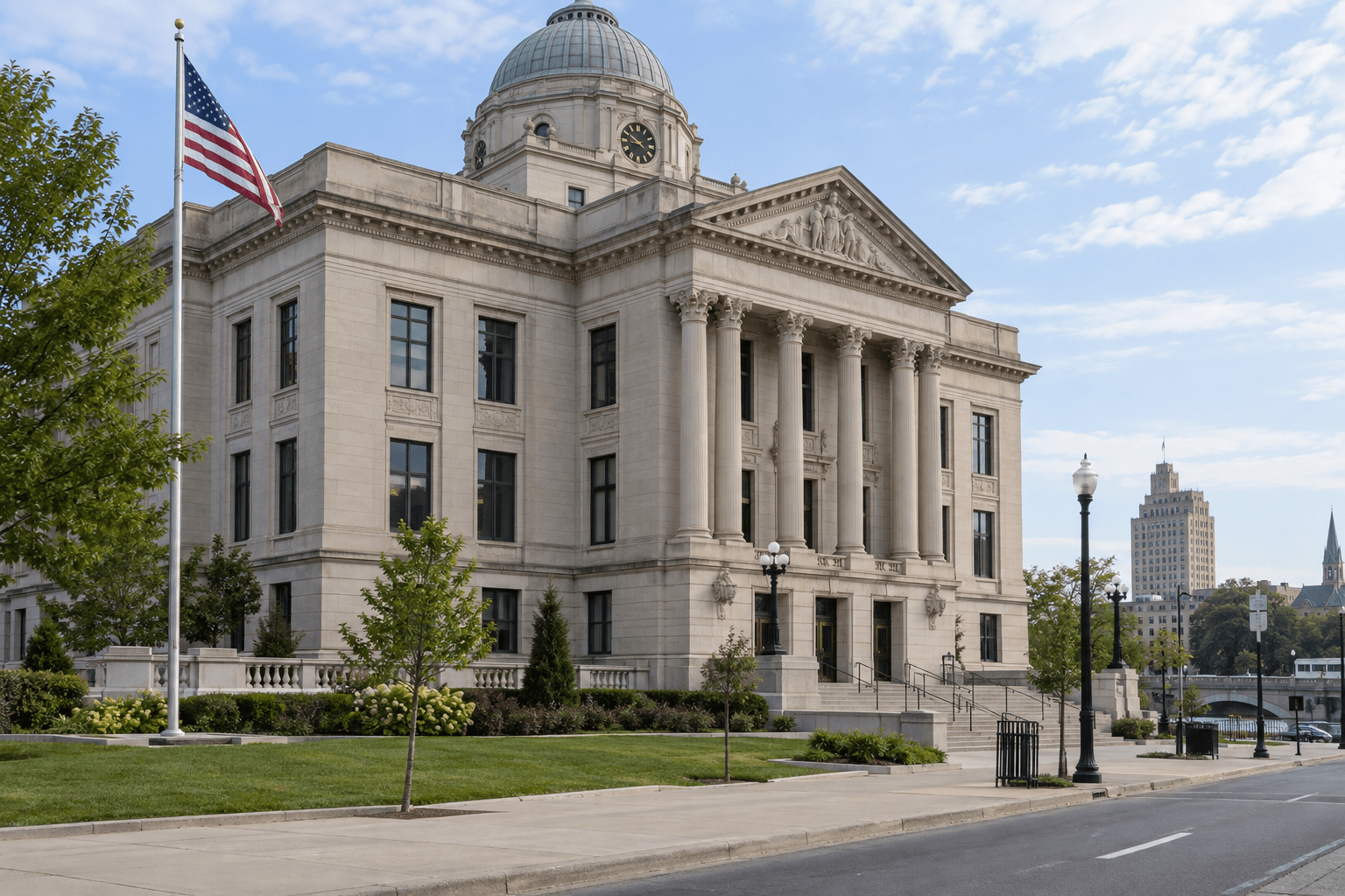 County courthouse exterior in South Bend, relevant to separate criminal and civil proceedings after an injury.