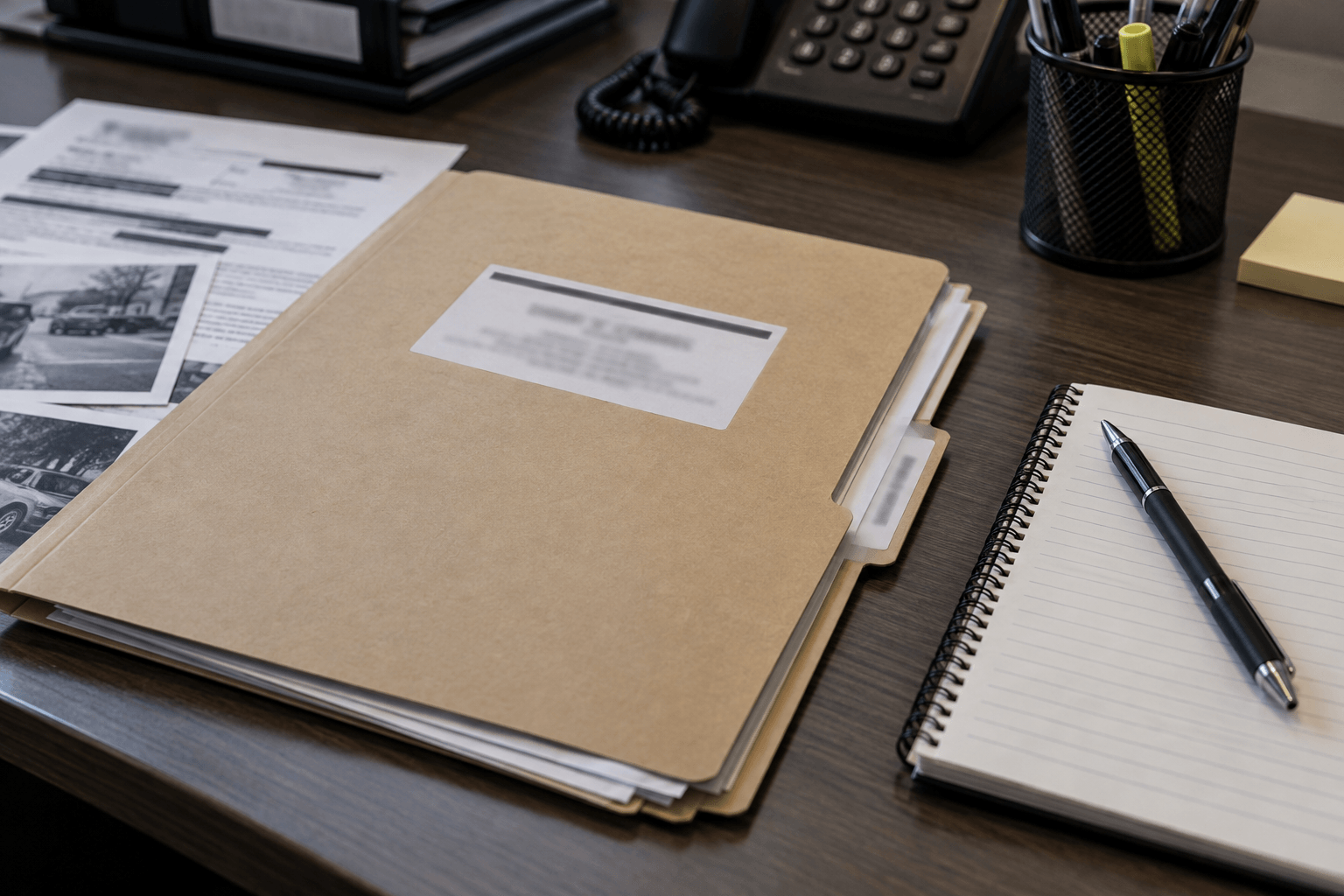 Public-records and note-taking materials representing documentation after an injury incident in Marshall County.