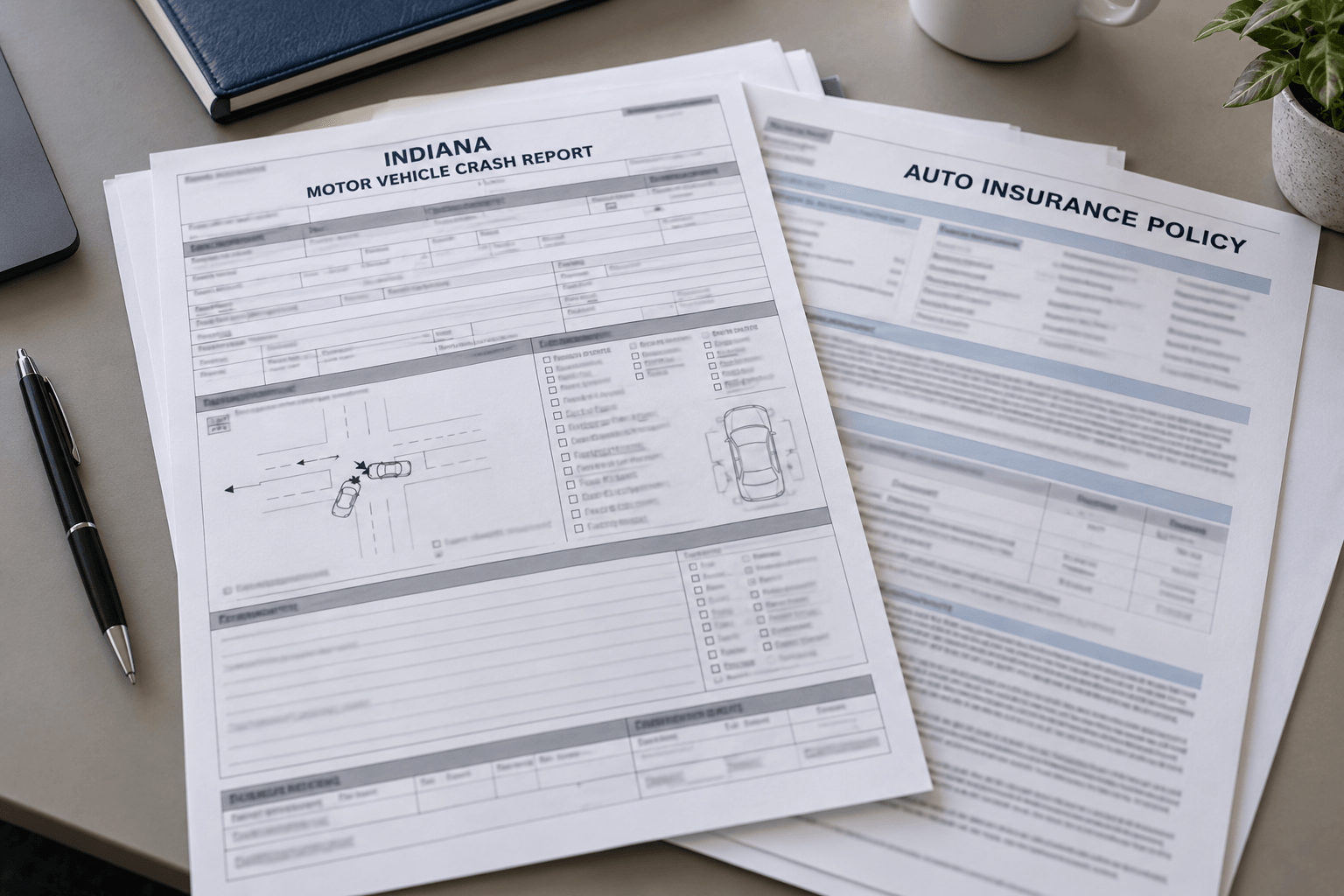 Crash-report and insurance documents representing the records and coverage questions that may follow a Kosciusko County crash.