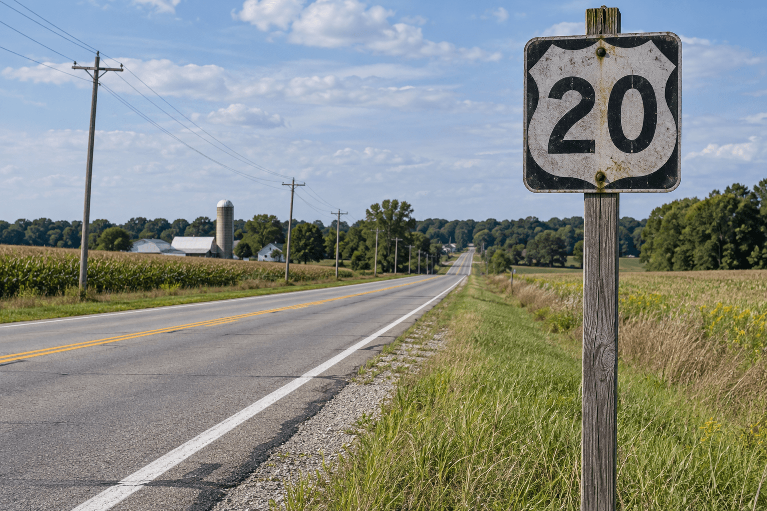 US 20 roadway sign in rural LaPorte County, providing location context for the Kankakee Township motorcycle crash.