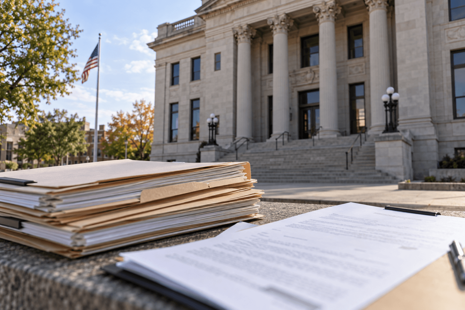Indiana county courthouse and public-records materials illustrating crash reports, evidence and filing deadlines after a fatal collision.