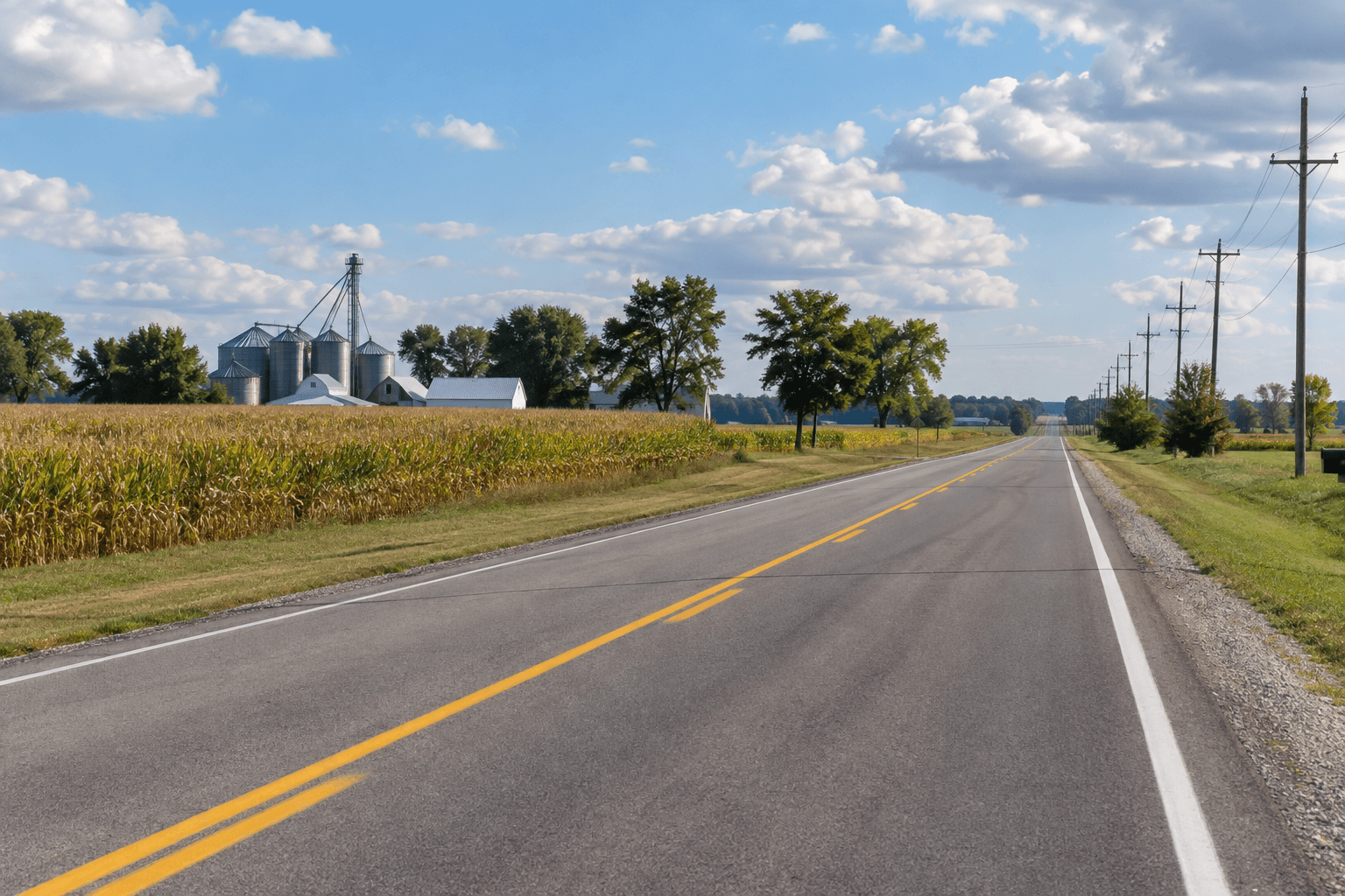 A two-lane roadway in Howard County illustrating the limited space between opposing lanes near the reported crash location.