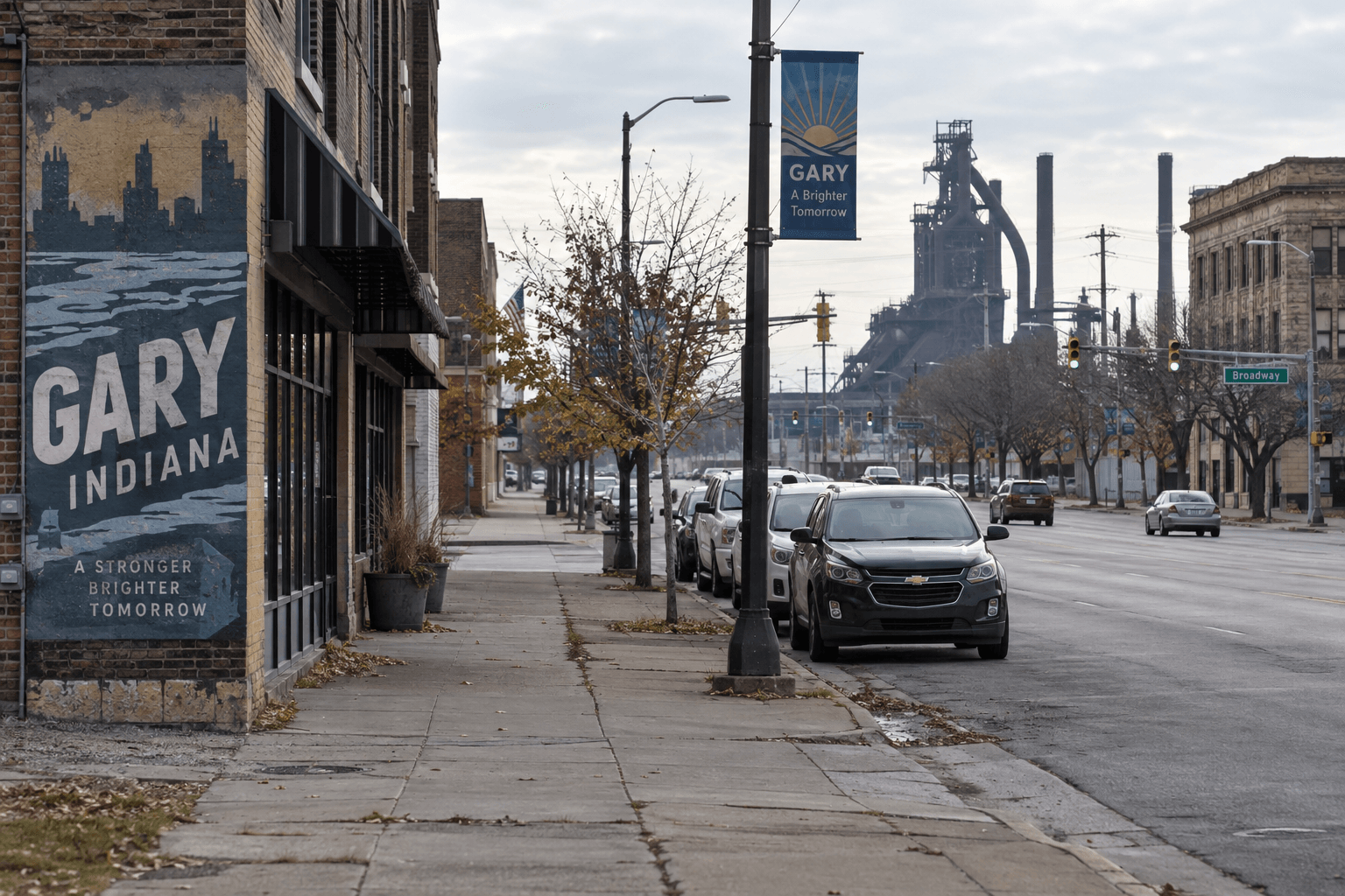 Street-level view in Gary, Indiana, providing context for the reported fatal shooting on Richard Gordon Hatcher Boulevard.