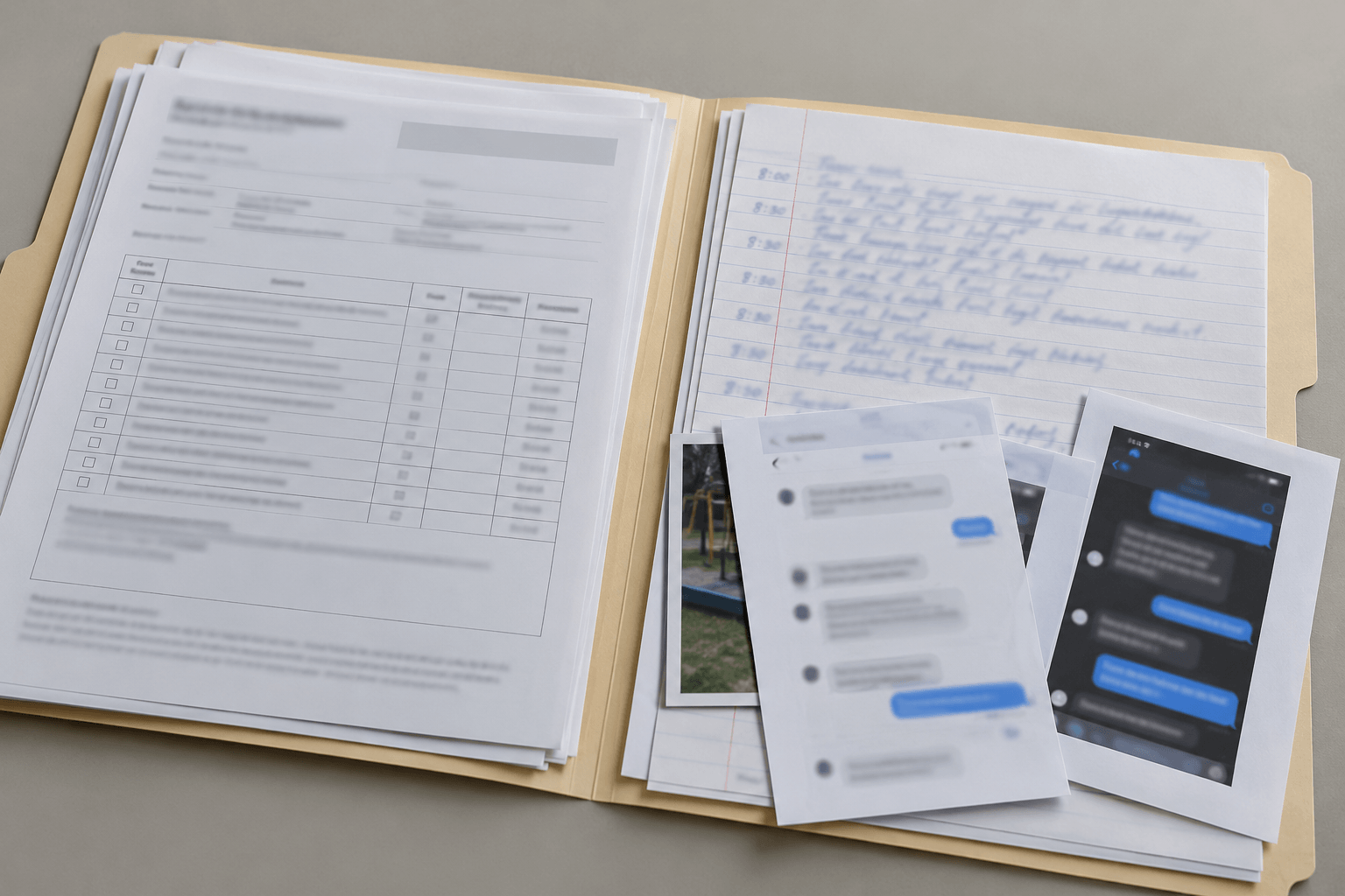 Organized child-care records and timeline notes illustrating evidence parents may preserve after a daycare injury in South Bend.