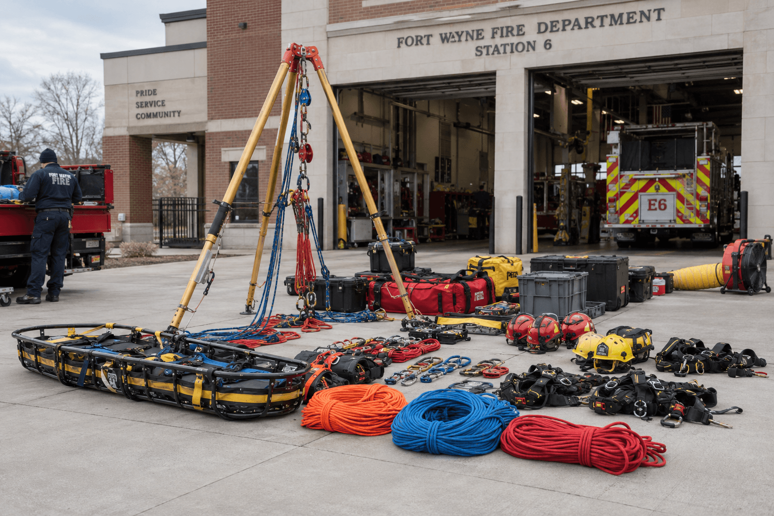 Fort Wayne fire station and rescue equipment, reflecting the technical rescue response to the St. Louis Avenue incident.