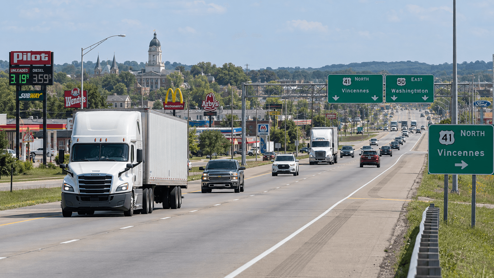 Commercial truck traffic on a U.S. highway in Vincennes, Indiana, illustrating the location of the reported three-semi crash.