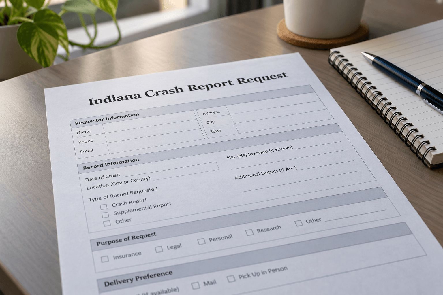 Crash-report paperwork and notes representing records that may matter after a commercial-truck collision in Indiana.