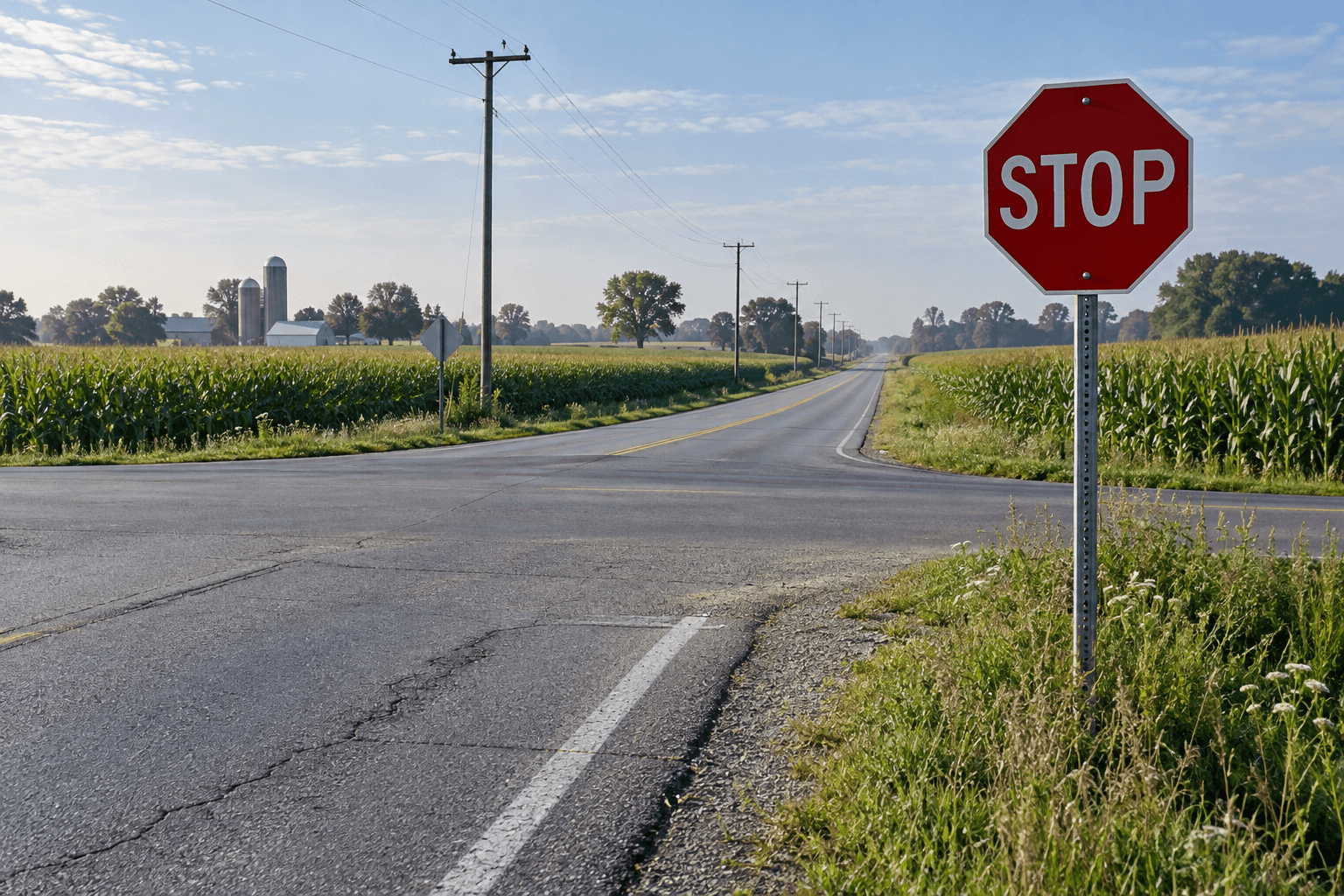 Stop sign and rural roadway at the type of Elkhart County intersection where the US 6 and County Road 127 crash occurred.