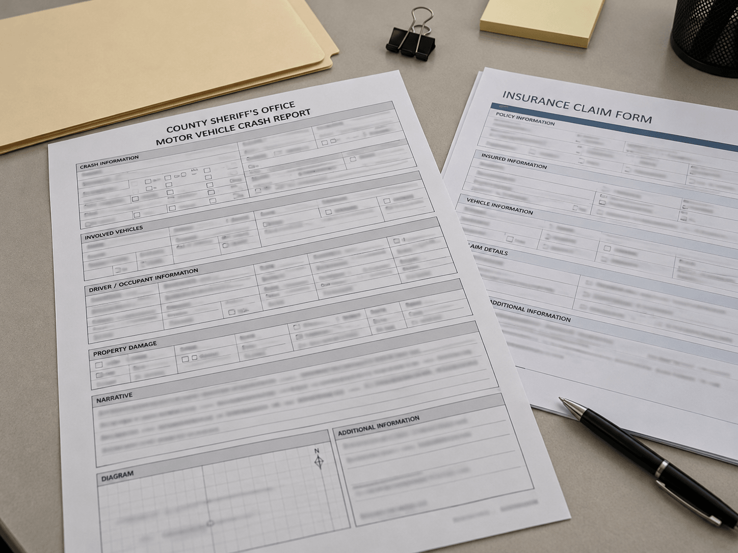Crash report and insurance records illustrating documents to preserve after an Elkhart County intersection crash.