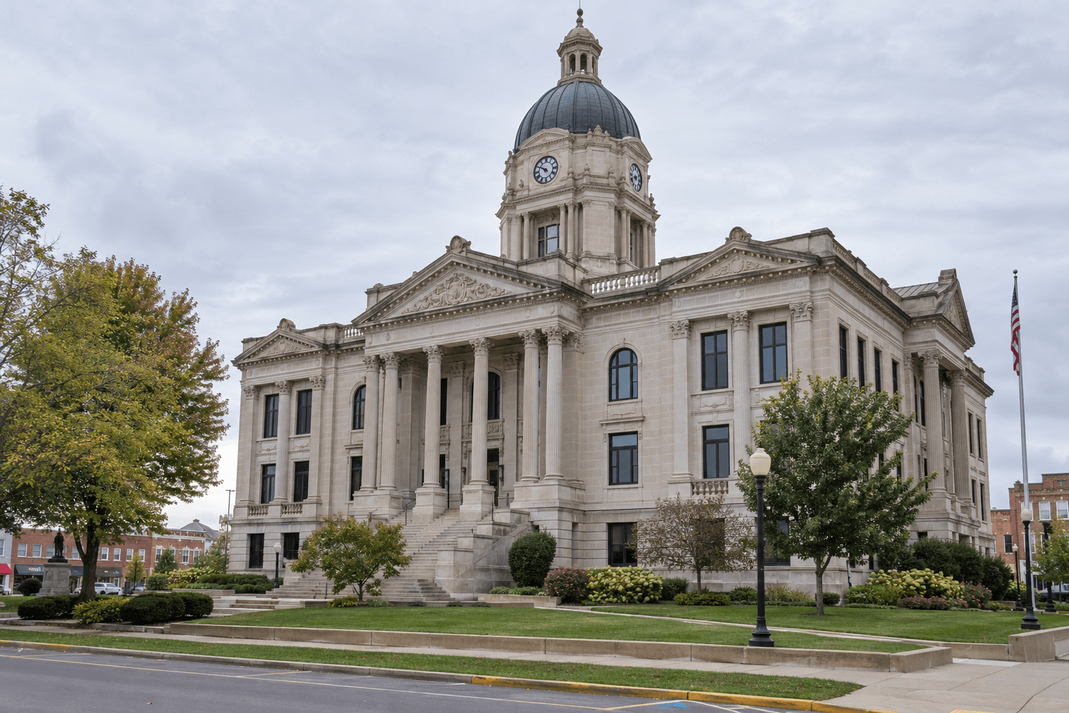 Indiana county courthouse exterior representing filing and fault issues after an Elkhart County injury crash.