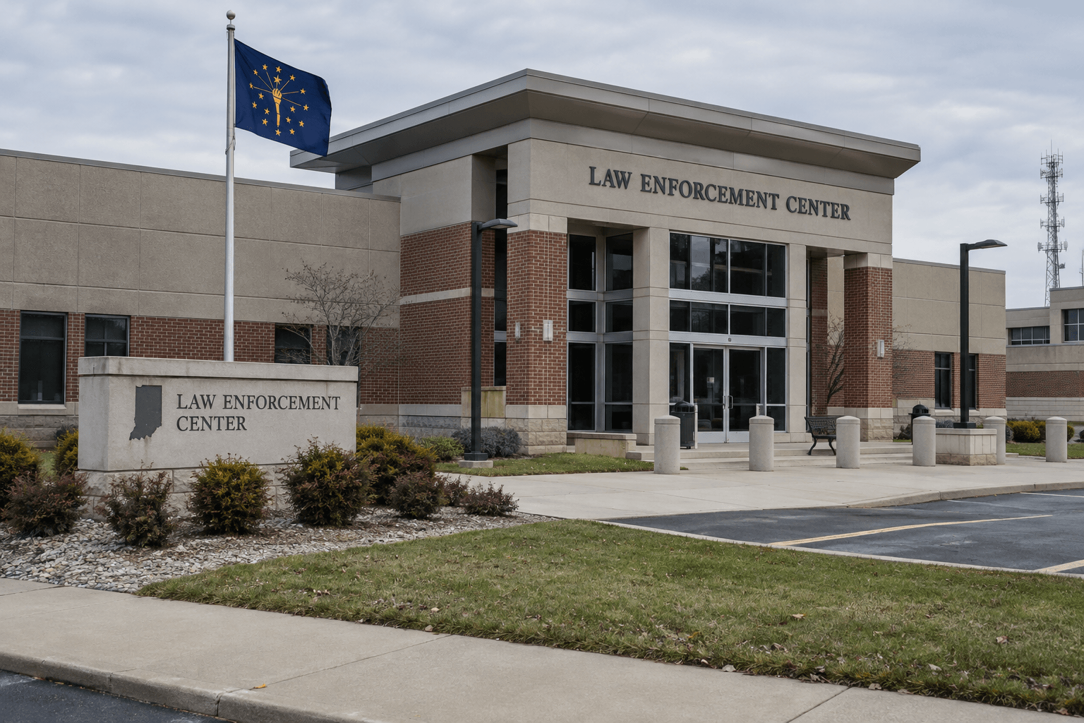 Law-enforcement building representing the Indiana State Police investigation into the Madison tavern fight case.