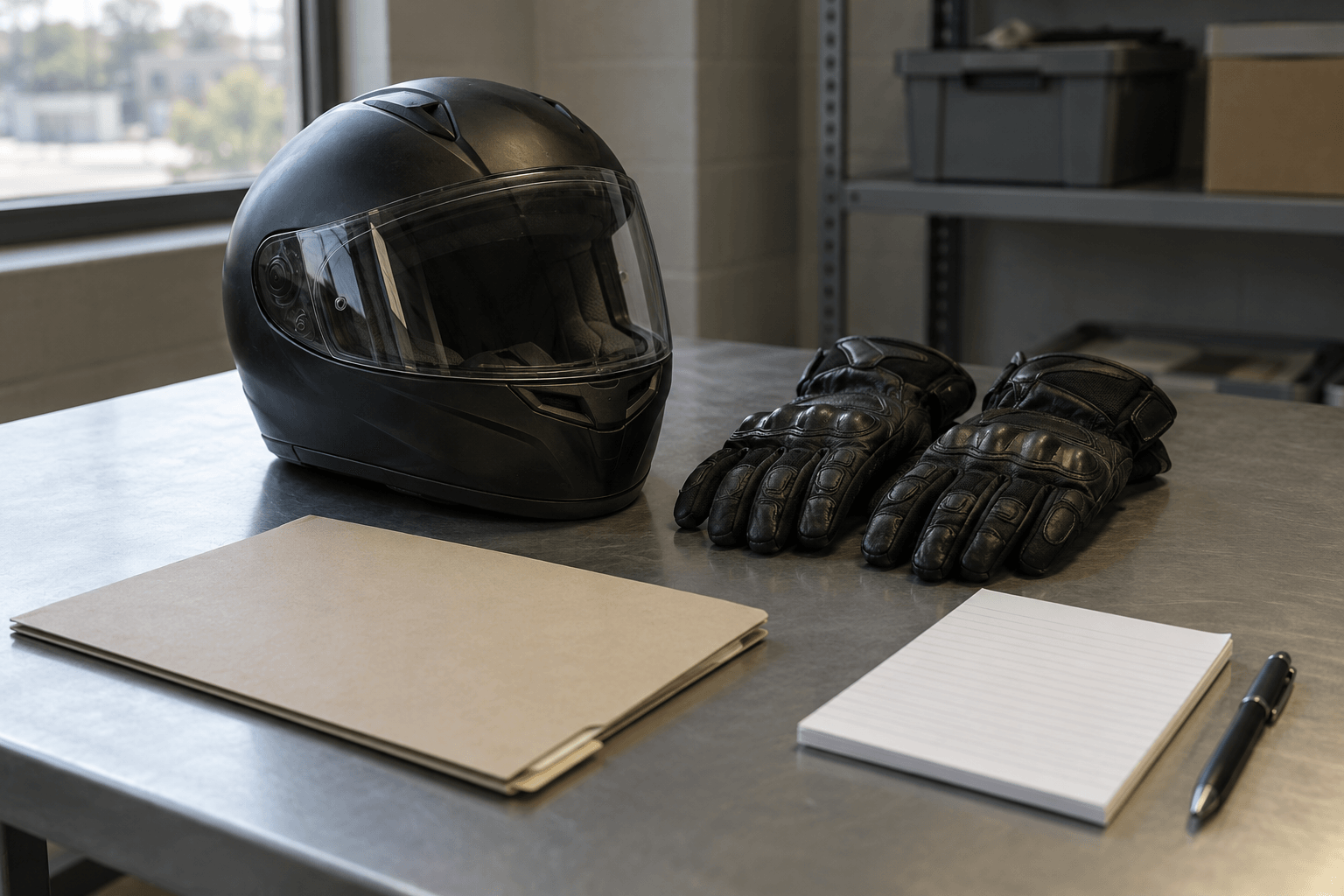 Motorcycle helmet, riding gear, and records representing evidence preservation after an Indiana motorcycle crash.