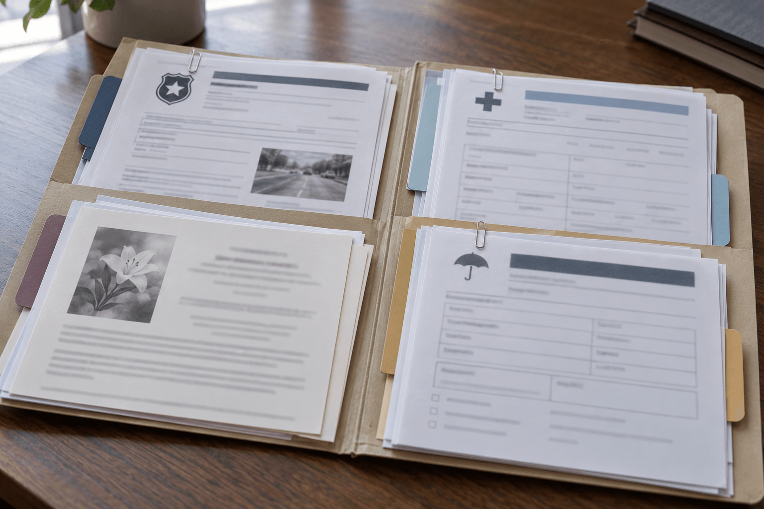 Organized police case, medical, funeral, and insurance records that a family may preserve after a fatal incident.