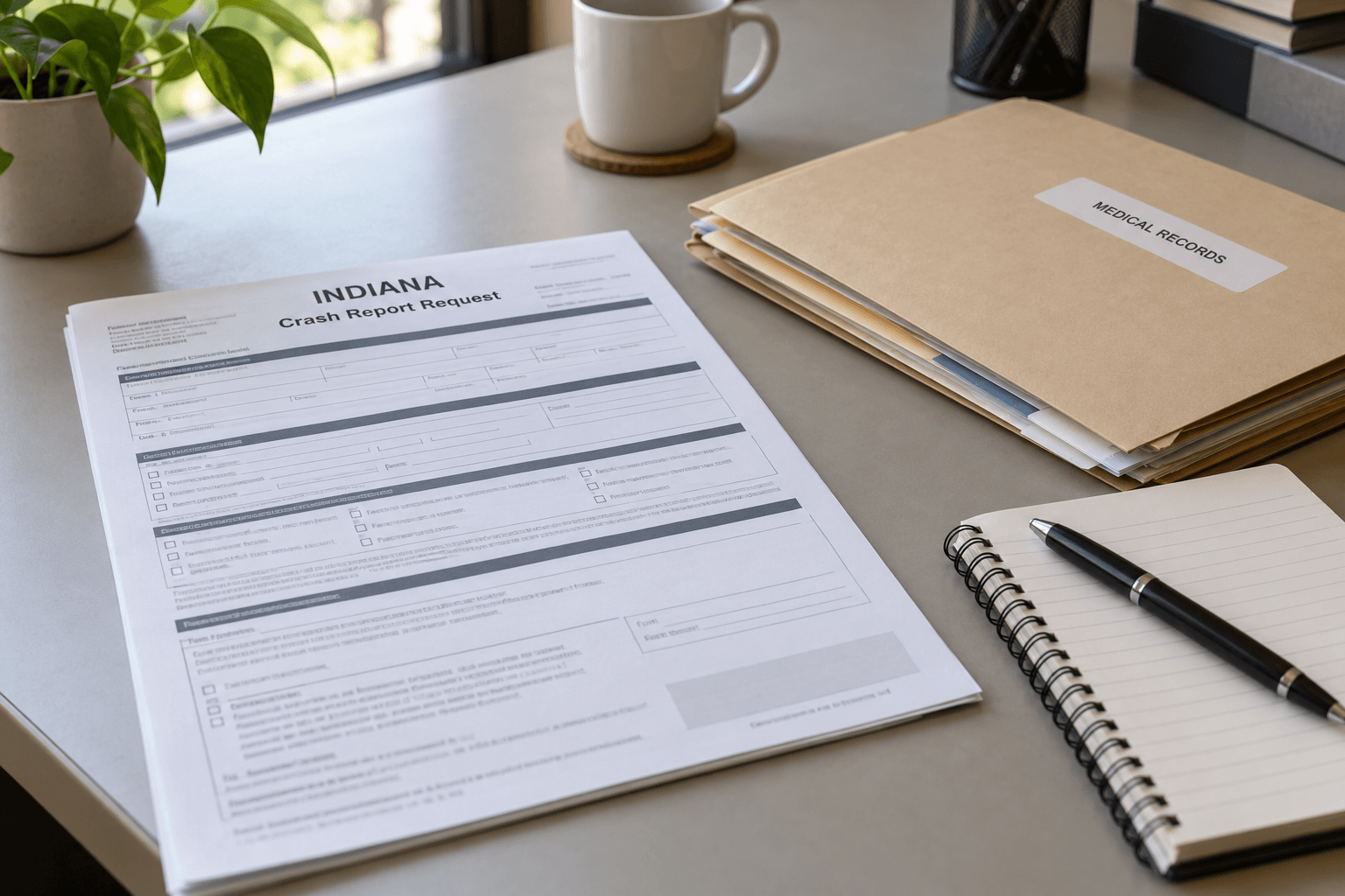 Crash report and medical record materials illustrating documents to preserve after an Indiana injury collision.