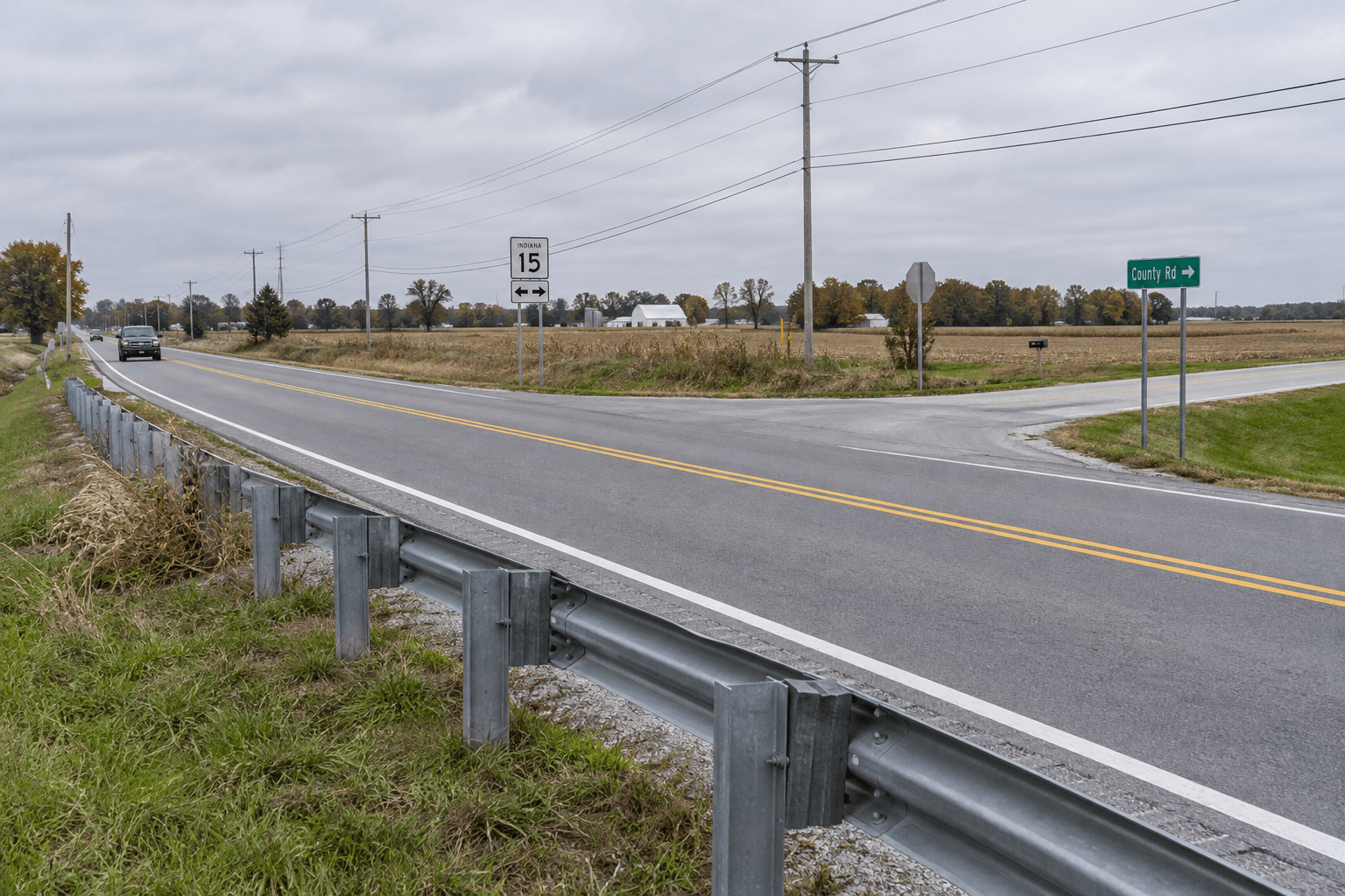 Roadway and guardrail near State Road 15 and County Road 1350 North by Milford, the area of the reported rear-end crash.