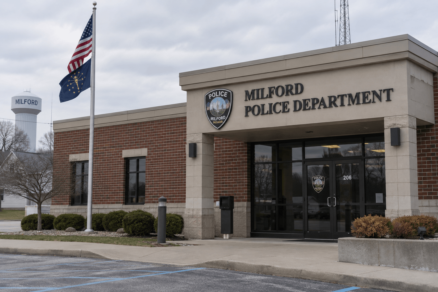 Police department exterior representing the Milford Police Department response to the State Road 15 rear-end crash.