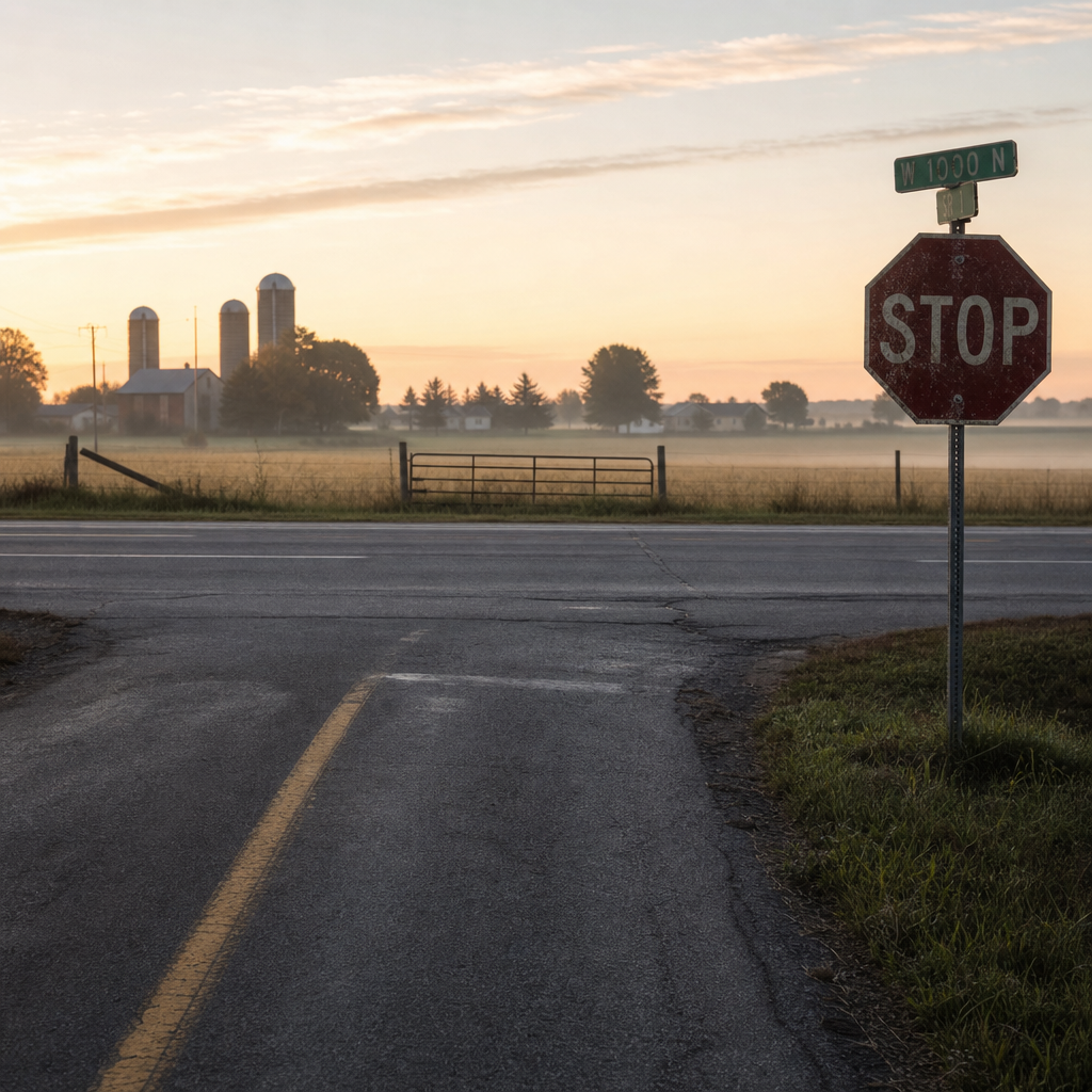 Una intersección rural de Indiana controlada por señales de alto al amanecer, donde la U.S. 27 se encuentra con una carretera del condado en el condado de Adams