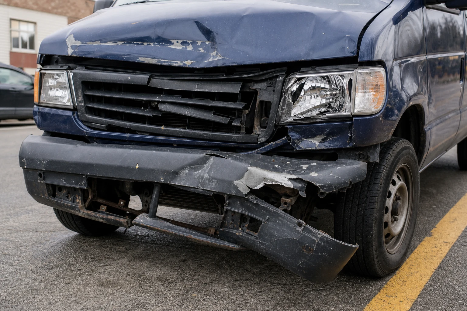 Fort Wayne Amazon delivery accident damage close-up — crumpled front bumper and grille of a dark-blue cargo delivery van after a collision, paint scraped to bare metal, headlight assembly cracked. Damage patterns prove speed and impact angle in every Indiana Amazon delivery accident claim.