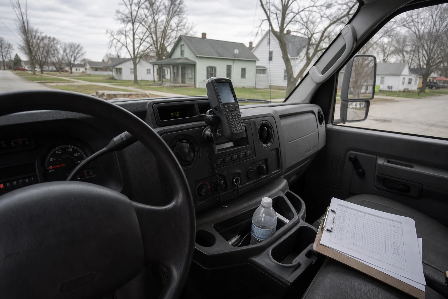 Cabin of a Fort Wayne Amazon delivery van from the driver perspective — handheld package scanner, route sheet on the passenger seat, route-timing clock visible. The operational control Amazon exercises in every DSP relationship.