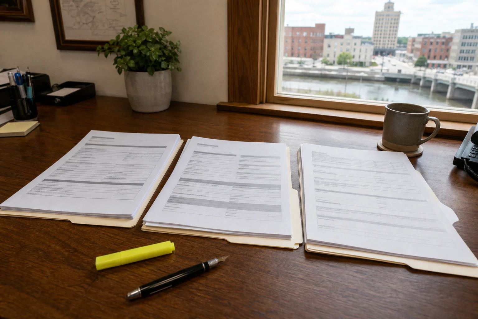 Three insurance-policy declaration pages stacked side by side on a Fort Wayne attorney desk — the layered coverage stack a Fort Wayne Amazon delivery accident lawyer audits in every case to find every layer that pays the claim.