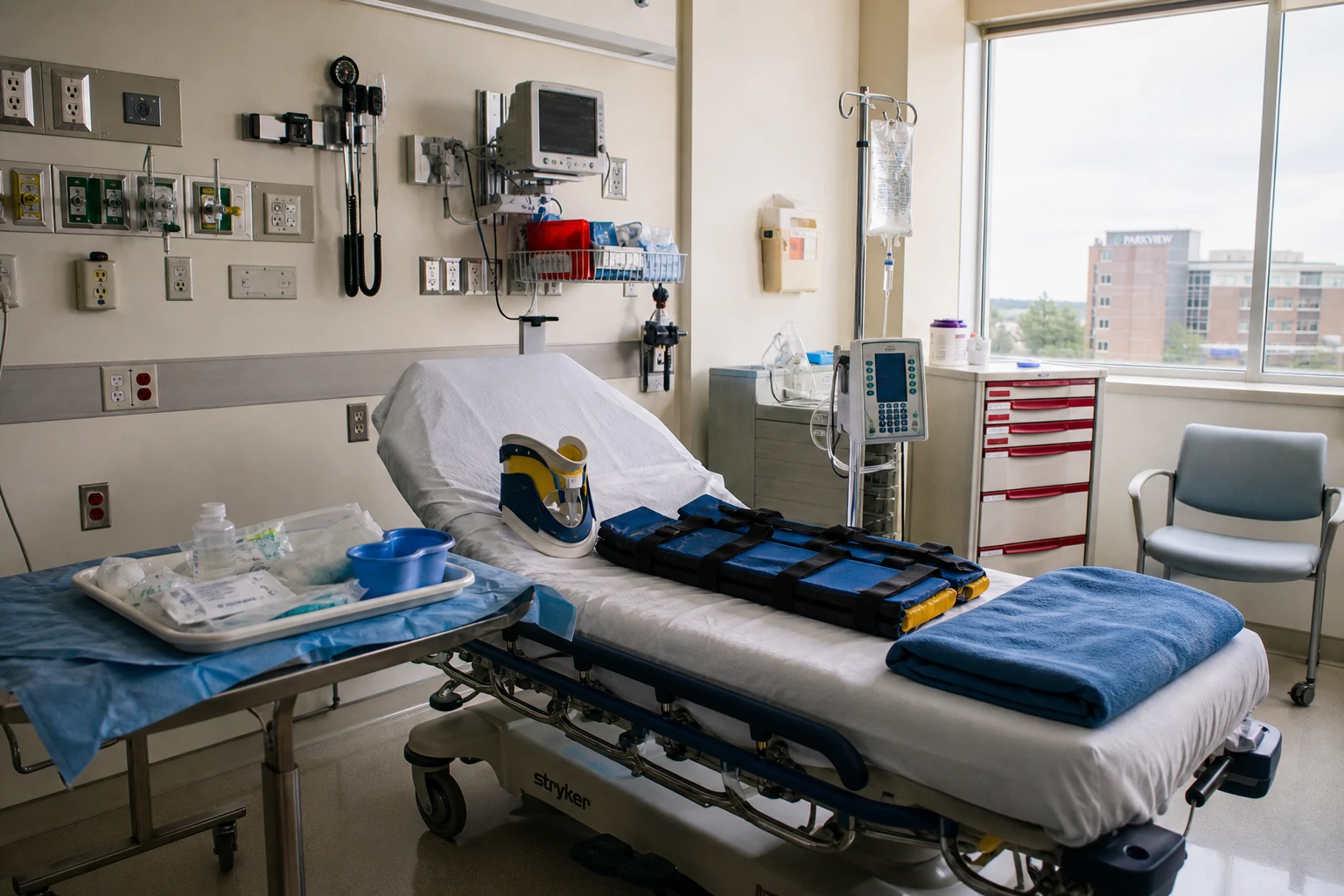 Empty Fort Wayne hospital trauma bay set up for pedestrian-impact treatment with a wheeled stretcher, cervical collar, leg-immobilization splint, IV pole, and wound-irrigation kit — the medical timeline of a severe Allen County Amazon delivery accident case.