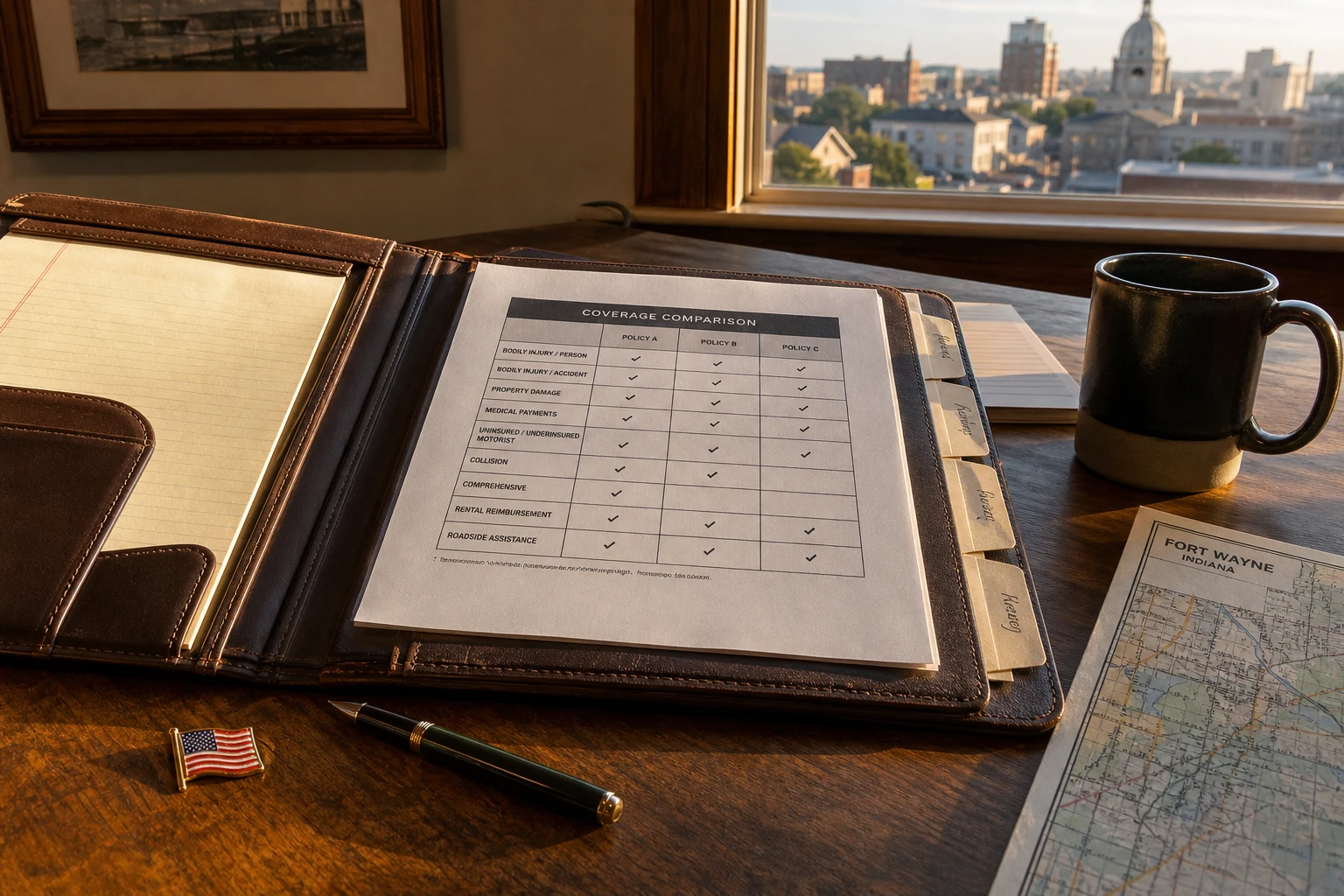 At a Fort Wayne Amazon delivery accident attorney desk — an open leather case-file portfolio with a printed three-policy coverage-comparison chart, a fountain pen, a Fort Wayne street map corner, and a small American flag pin. We read every page of every Amazon and DSP file we open.