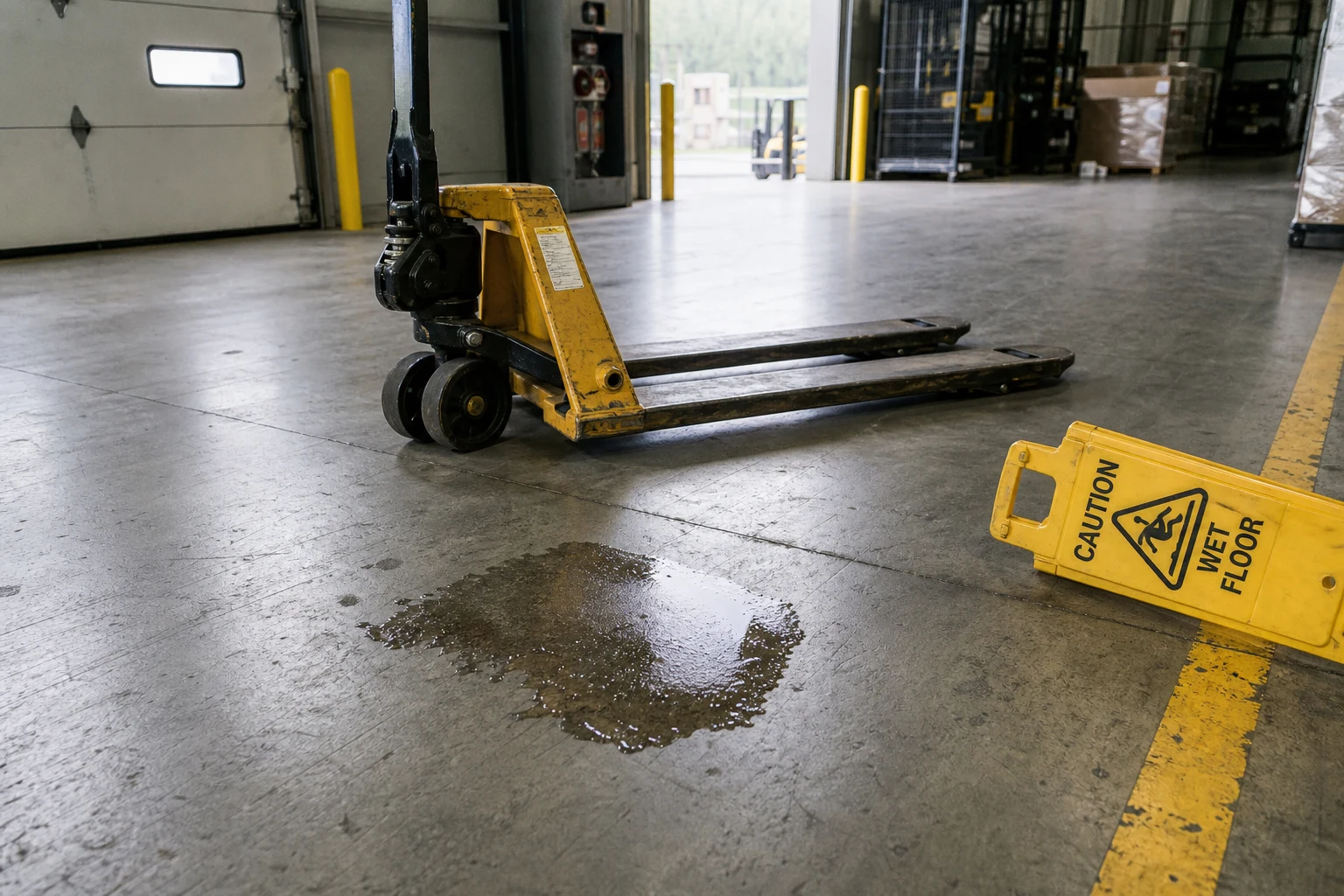 Polished concrete warehouse floor with a small spilled liquid puddle near a yellow safety stripe and a tipped CAUTION WET FLOOR sign — the kind of premises hazard a Fort Wayne Amazon warehouse injury attorney photographs in every slip-trip-fall case