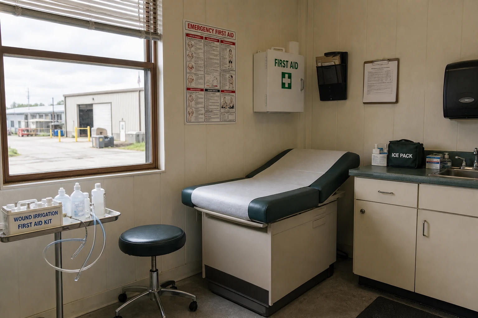 Small on-site warehouse first-aid clinic interior with a padded exam table, a wall-mounted first-aid cabinet, and a wound-irrigation kit — the AmCare-style clinic a Fort Wayne Amazon warehouse injury lawyer steers clients past in favor of outside medical evaluation under <a href=
