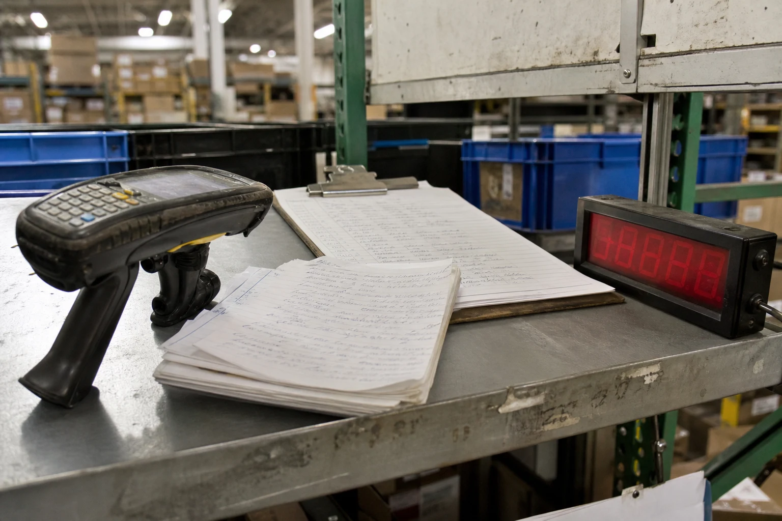 Handheld warehouse barcode scanner on a steel pick-station shelf next to a clipboard and a digital pace-rate counter — the algorithmic rate-tracking that drives Indiana Amazon warehouse injuries and that a Fort Wayne Amazon warehouse injury attorney subpoenas in every case