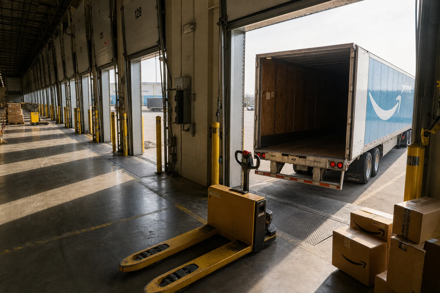 Amazon-style fulfillment warehouse loading dock at dawn with bay doors open, a tractor-trailer reversed in, an electric pallet jack, and scattered cardboard parcels — the high-volume loading zones where Indiana Amazon warehouse forklift and PIT injuries cluster