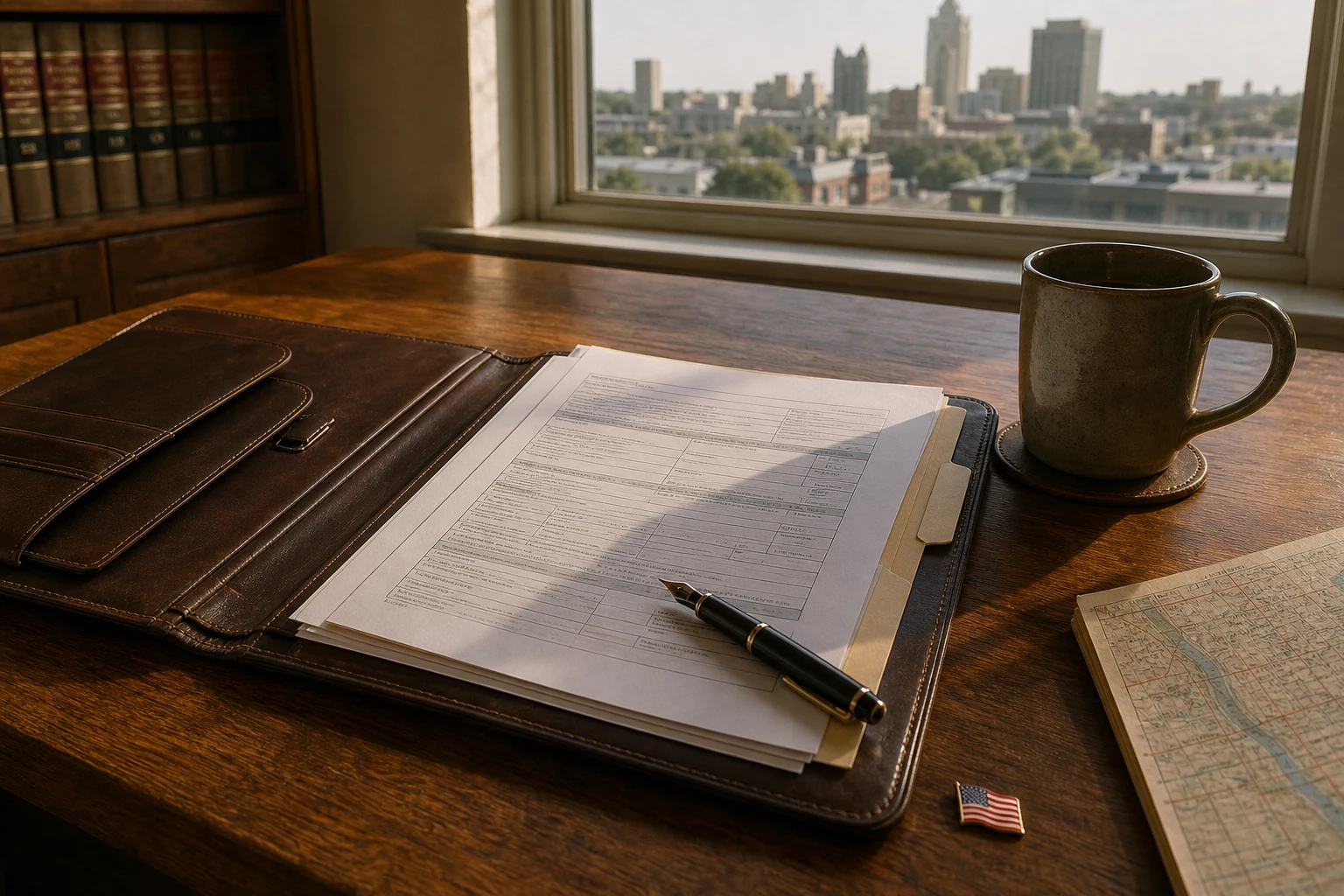 At a Fort Wayne Amazon warehouse injury attorney desk — an open leather case-file portfolio with a Workers Compensation tab divider and an Indiana WCB Form 18406, a fountain pen, a coffee mug, and a small American flag pin. We read every page of every warehouse file we open.