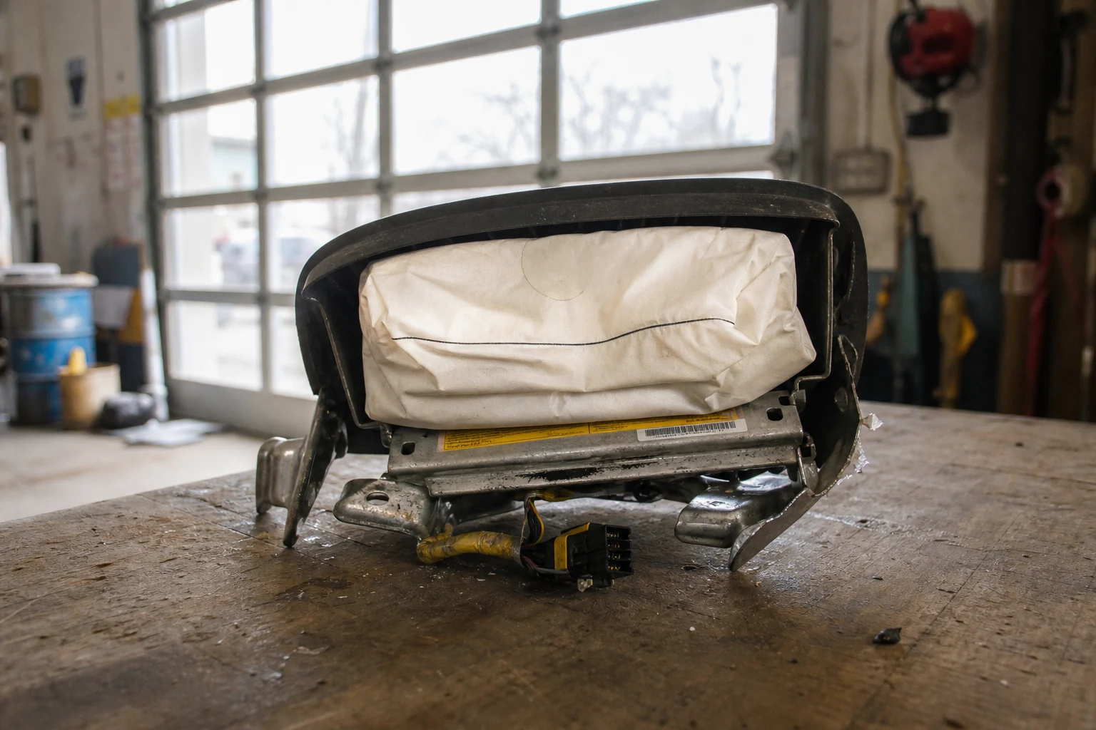 Undeployed airbag module pulled from a vehicle dashboard on a workbench with wiring harness still attached and the mounting bracket twisted — the manufacturer-defect evidence a Fort Wayne auto manufacturer liability attorney preserves