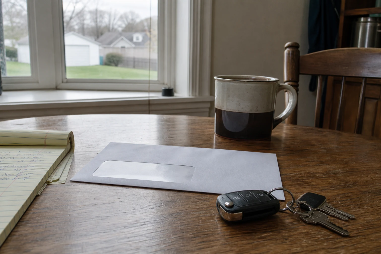 Vehicle-manufacturer recall notice on a Fort Wayne kitchen table next to car keys, a coffee mug, and a notepad — the NHTSA recall paperwork an Indiana auto-defect lawyer cross-references against every crash file